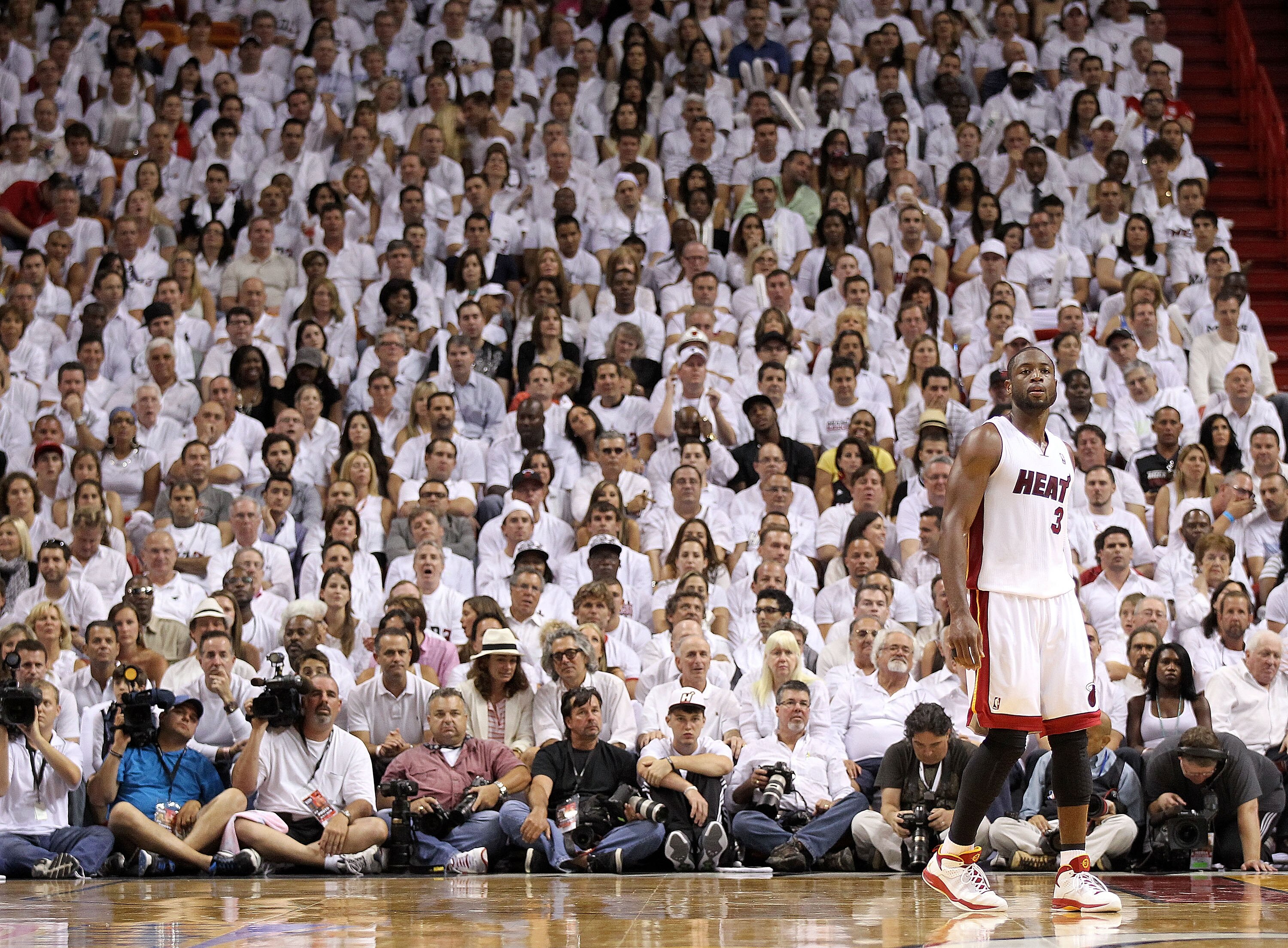 MIAMI, FL - MAY 03: Dwyane Wade #3 of the Miami Heat looks on during Game Two of the Eastern Conference Semifinals of the 2011 NBA Playoffs against the Boston Celtics at American Airlines Arena on May 3, 2011 in Miami, Florida. NOTE TO USER: User expressl