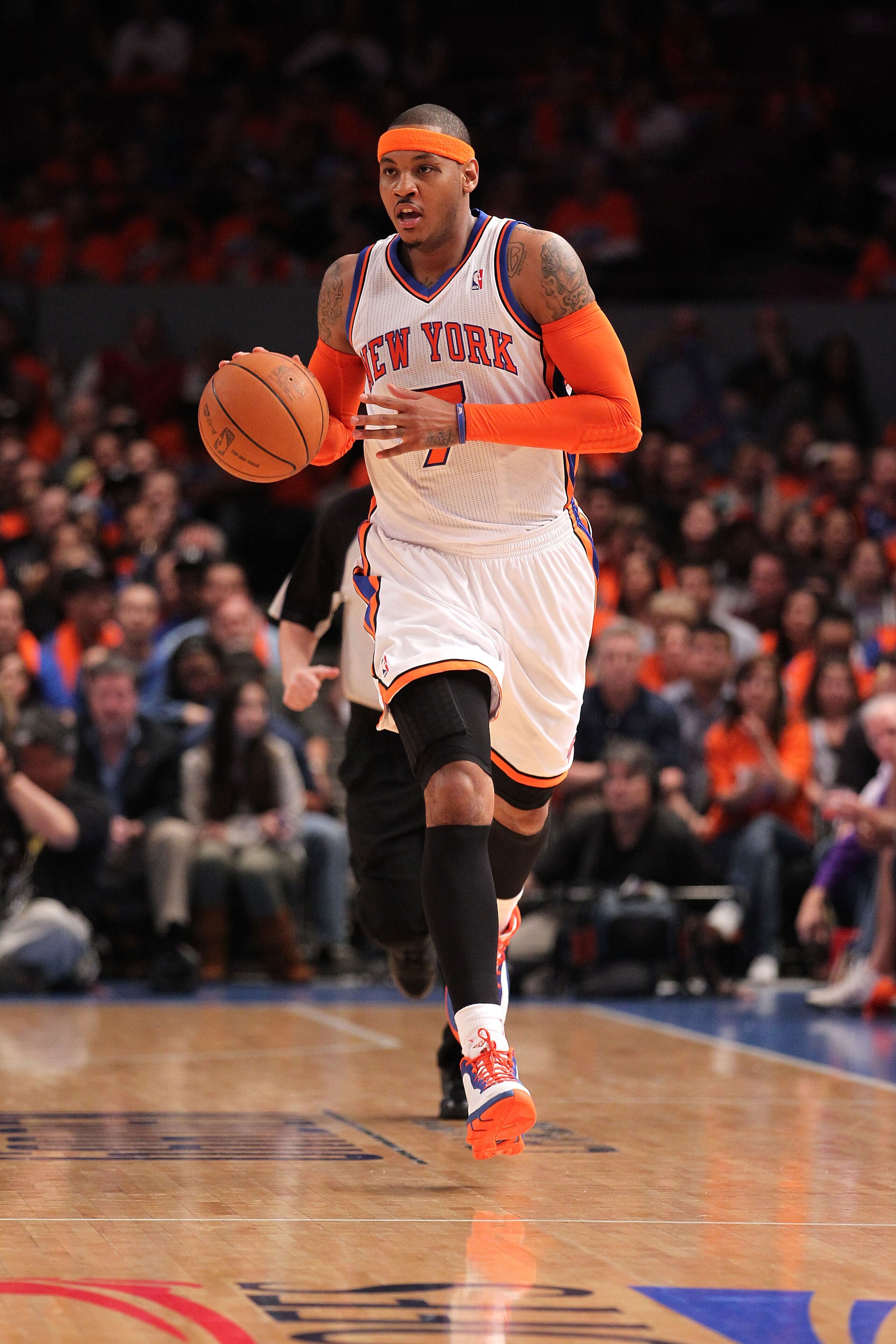 NEW YORK, NY - APRIL 24:  Carmelo Anthony #7 of the New York Knicks brings the ball up court agaist the Boston Celtics in Game Four of the Eastern Conference Quarterfinals during the 2011 NBA Playoffs on April 24, 2011 at Madison Square Garden in New York