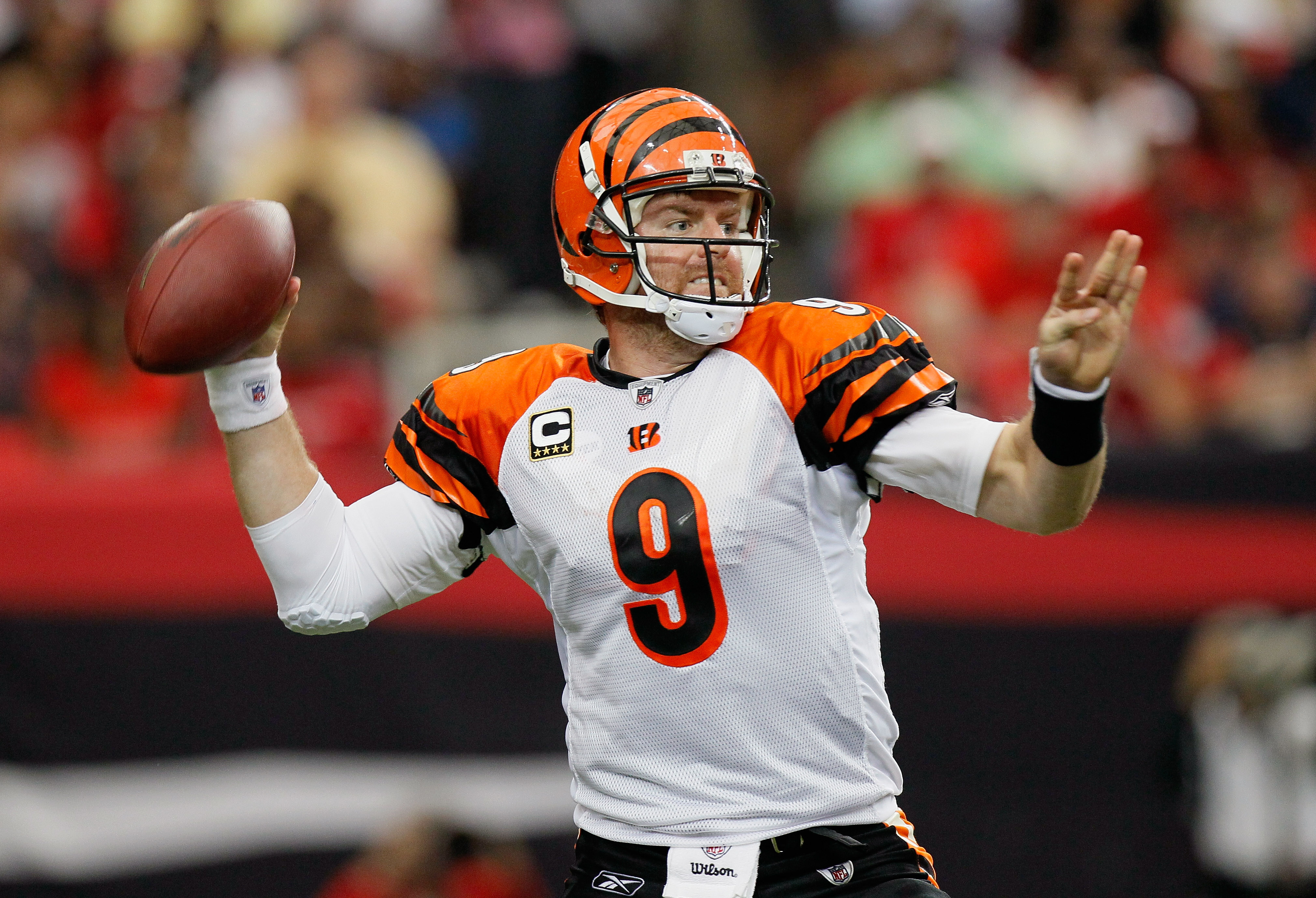 ATLANTA - OCTOBER 24:  Quarterback Carson Palmer #9 of the Cincinnati Bengals against the Atlanta Falcons at Georgia Dome on October 24, 2010 in Atlanta, Georgia.  (Photo by Kevin C. Cox/Getty Images)