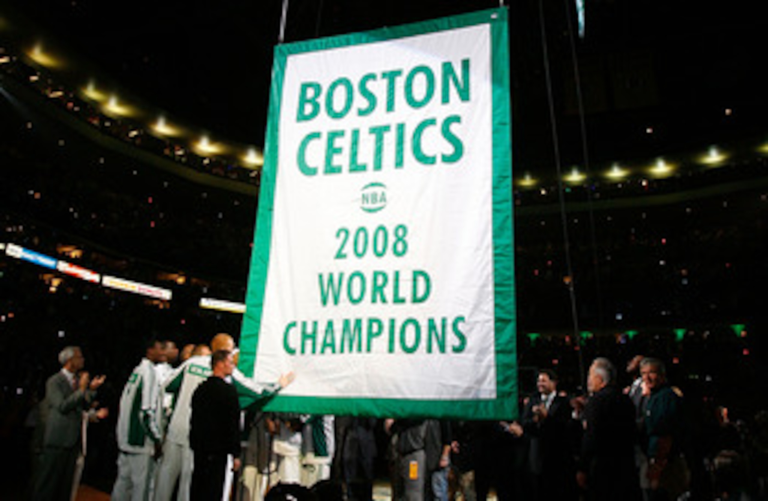 BOSTON, MA - OCTOBER 28: The Boston Celtics raise 2008 World Championship banner during the 2008 NBA World Championship ceremony before a game against the Cleveland Cavaliers at the TD Banknorth Garden on October 28, 2008 in Boston, Massachusetts. NOTE TO