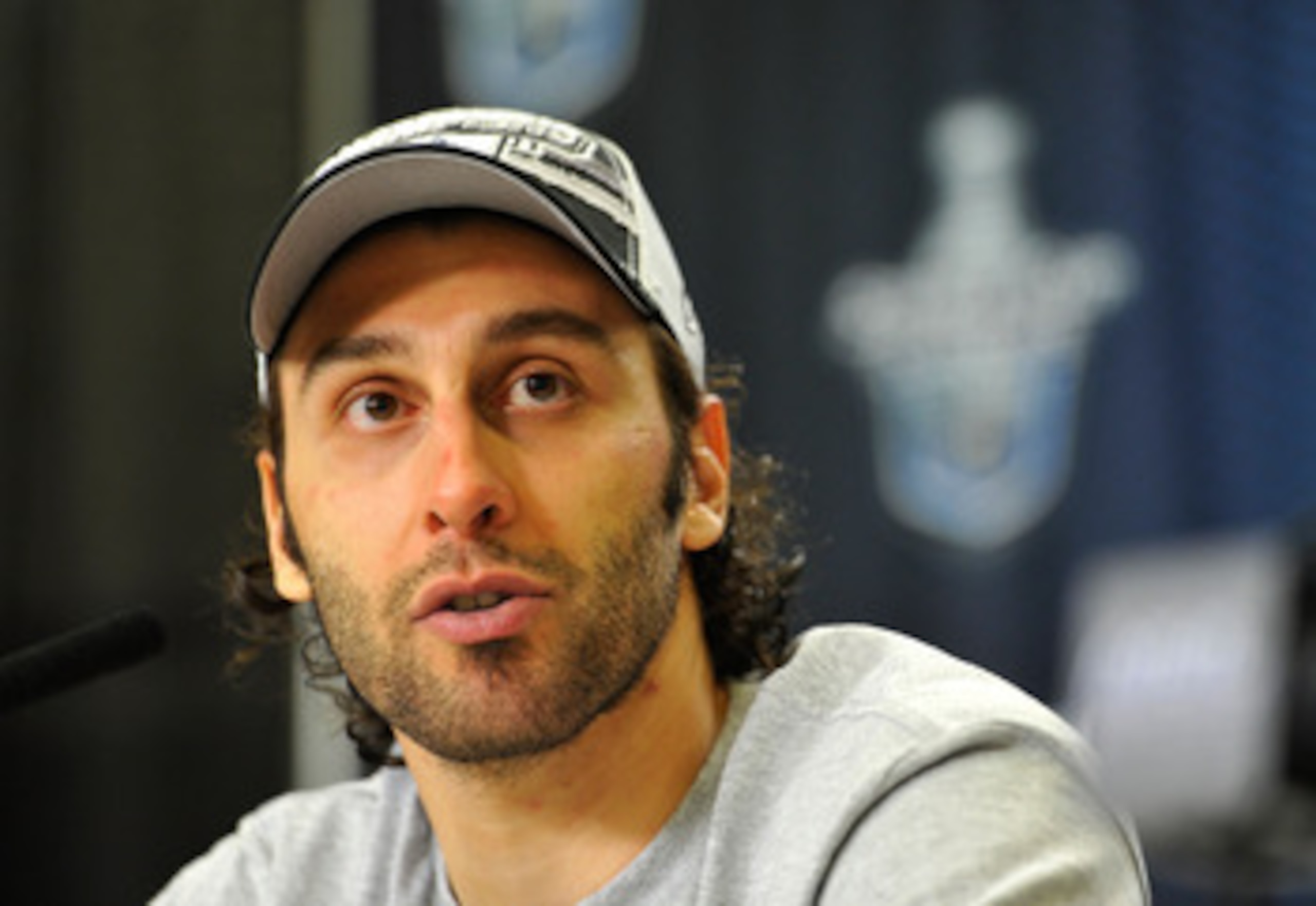 VANCOUVER, BC - MAY 24:  Goaltender Roberto Luongo of the Vancouver Canucks speaks during the post game press conference after the Vancouver Canucks won Game Five of the Western Conference Finals 3-2 in the second overtime to win the series 4-1 against th