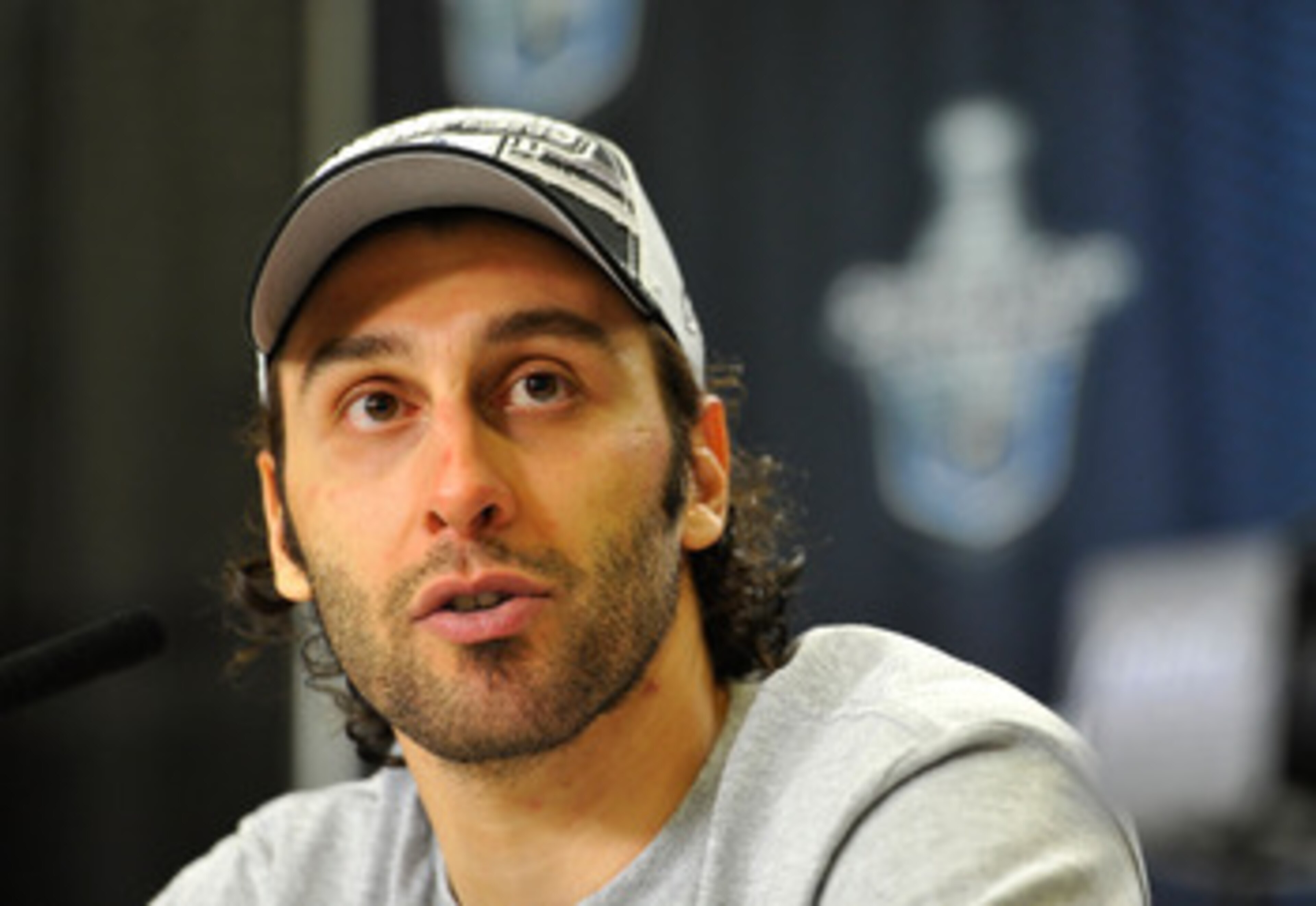 VANCOUVER, BC - MAY 24: Goaltender Roberto Luongo of the Vancouver Canucks speaks during the post game press conference after the Vancouver Canucks won Game Five of the Western Conference Finals 3-2 in the second overtime to win the series 4-1 against th VANCOUVER, BC - MAY 24: Goaltender Roberto Luongo of the Vancouver Canucks speaks during the post game press conference after the Vancouver Canucks won Game Five of the Western Conference Finals 3-2 in the second overtime to win the series 4-1 against th