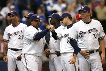 MILWAUKEE - OCTOBER 04:  Prince Fielder #28 of the Milwaukee Brewers greets Ryan Braun #8 during player introductions against the Philadelphia Phillies in Game three of the NLDS during the 2008 MLB playoffs at Miller Park on October 4, 2008 in Milwaukee, 