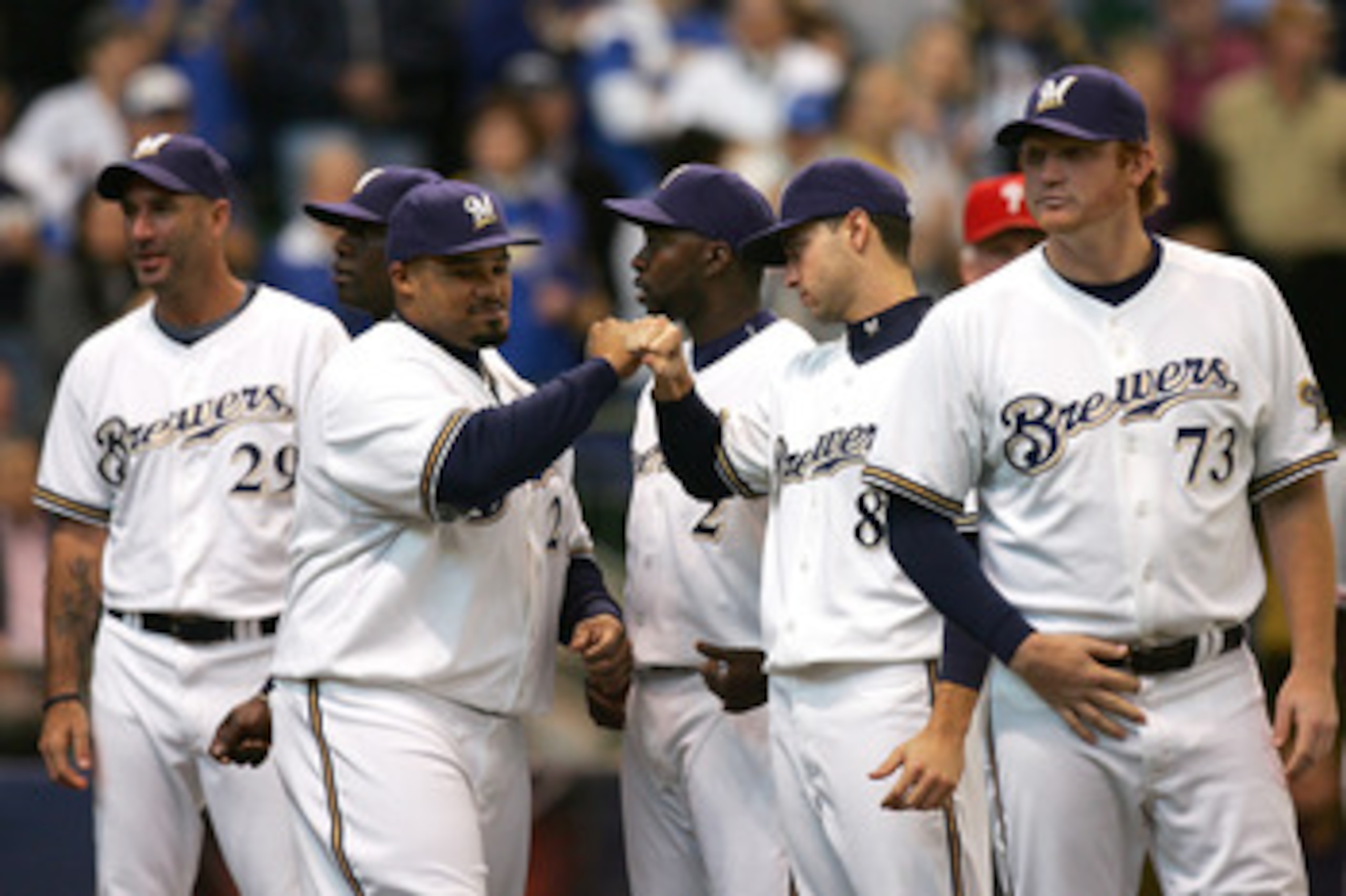 MILWAUKEE - OCTOBER 04: Prince Fielder #28 of the Milwaukee Brewers greets Ryan Braun #8 during player introductions against the Philadelphia Phillies in Game three of the NLDS during the 2008 MLB playoffs at Miller Park on October 4, 2008 in Milwaukee, MILWAUKEE - OCTOBER 04: Prince Fielder #28 of the Milwaukee Brewers greets Ryan Braun #8 during player introductions against the Philadelphia Phillies in Game three of the NLDS during the 2008 MLB playoffs at Miller Park on October 4, 2008 in Milwaukee,