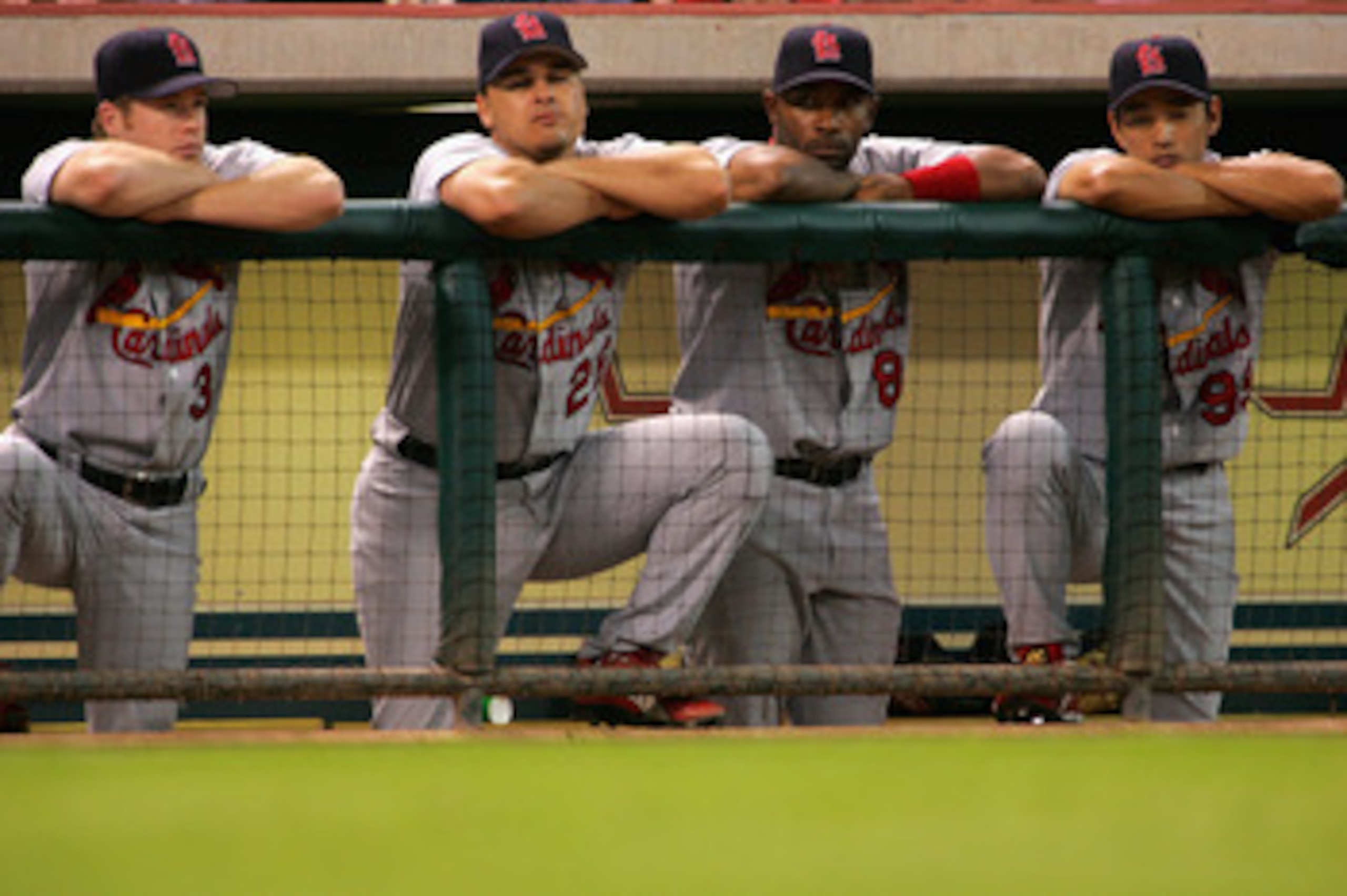 HOUSTON - OCTOBER 17: Cardinal players watch time run out as they lose 6-5 to the Houston Astros in game four of National League Championship Series during the 2004 Major League Baseball Playoffs on October 17, 2004 at Minute Maid Park in Houston, Texas. HOUSTON - OCTOBER 17: Cardinal players watch time run out as they lose 6-5 to the Houston Astros in game four of National League Championship Series during the 2004 Major League Baseball Playoffs on October 17, 2004 at Minute Maid Park in Houston, Texas.