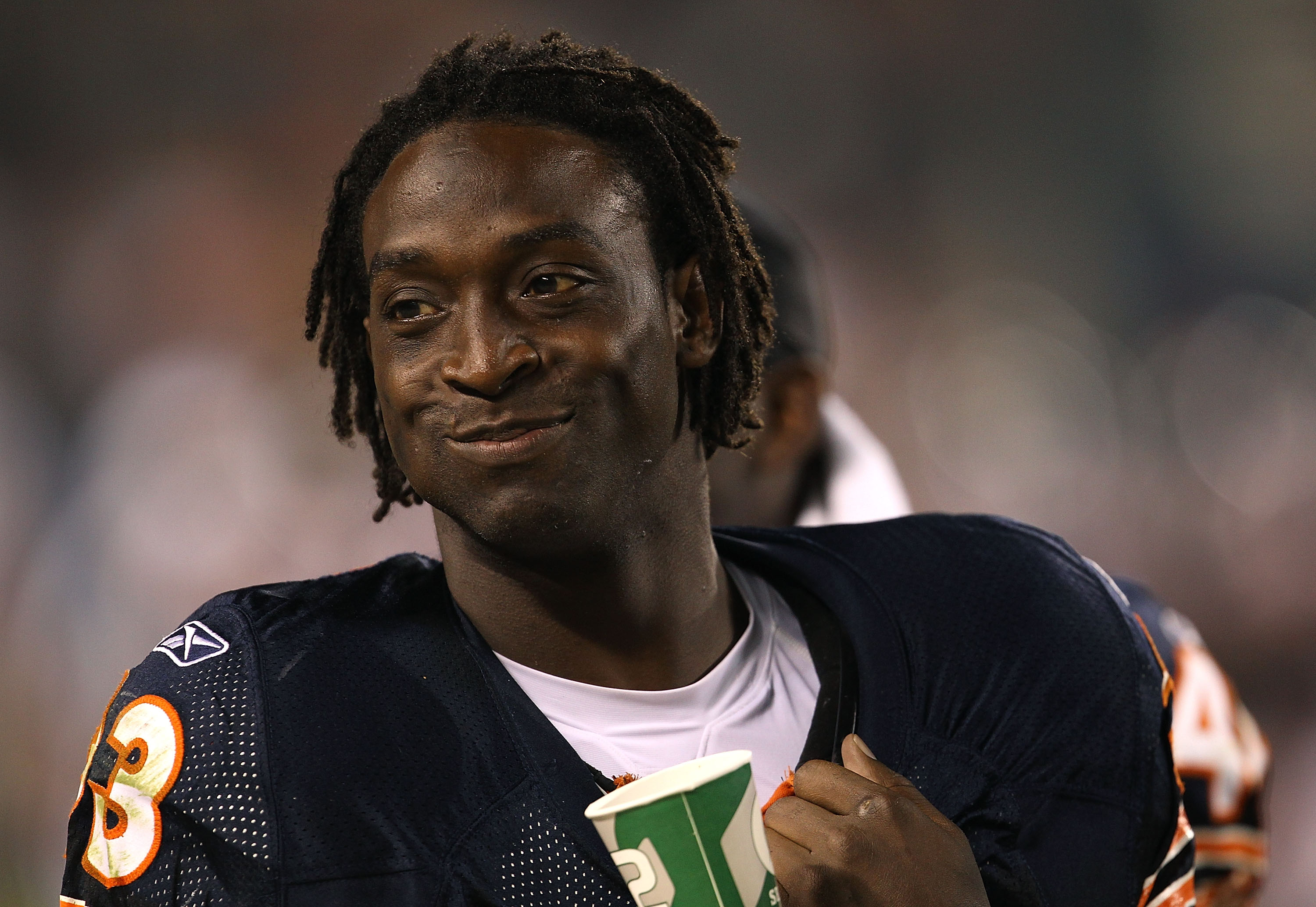 CHICAGO - AUGUST 21: Charles Tillman #33 of the Chicago Bears smiles on the sidelines during a preseason game against the Oakland Raiders at Soldier Field on August 21, 2010 in Chicago, Illinois. The Raiders defeated the Bears 32-17. (Photo by Jonathan Da