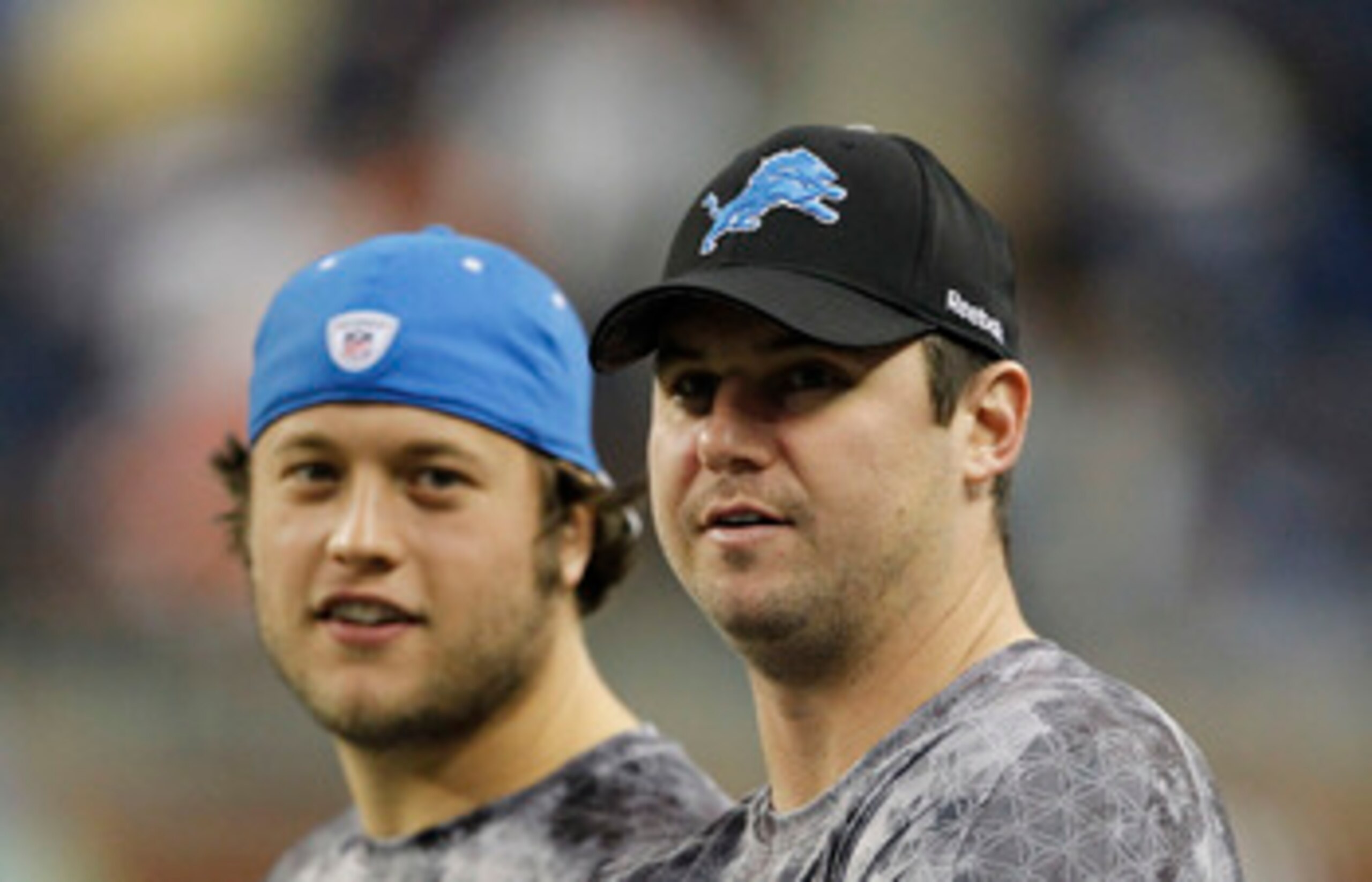 DETROIT - DECEMBER 05: Matthew Stafford #9 and Shaun Hill #14 of the Detroit Lions watch the pregame warm-up prior to the start of the game against the Chicago Bears at Ford Field on December 5, 2010 in Detroit, Michigan. (Photo by Leon Halip/Getty Image DETROIT - DECEMBER 05: Matthew Stafford #9 and Shaun Hill #14 of the Detroit Lions watch the pregame warm-up prior to the start of the game against the Chicago Bears at Ford Field on December 5, 2010 in Detroit, Michigan. (Photo by Leon Halip/Getty Image