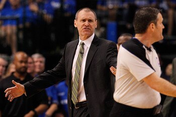 DALLAS, TX - MAY 25:  Head coach Rick Carlisle of the Dallas Mavericks looks over at referee Monty McCutchen #13 in the first half while taking on the Oklahoma City Thunder in Game Five of the Western Conference Finals during the 2011 NBA Playoffs at Amer