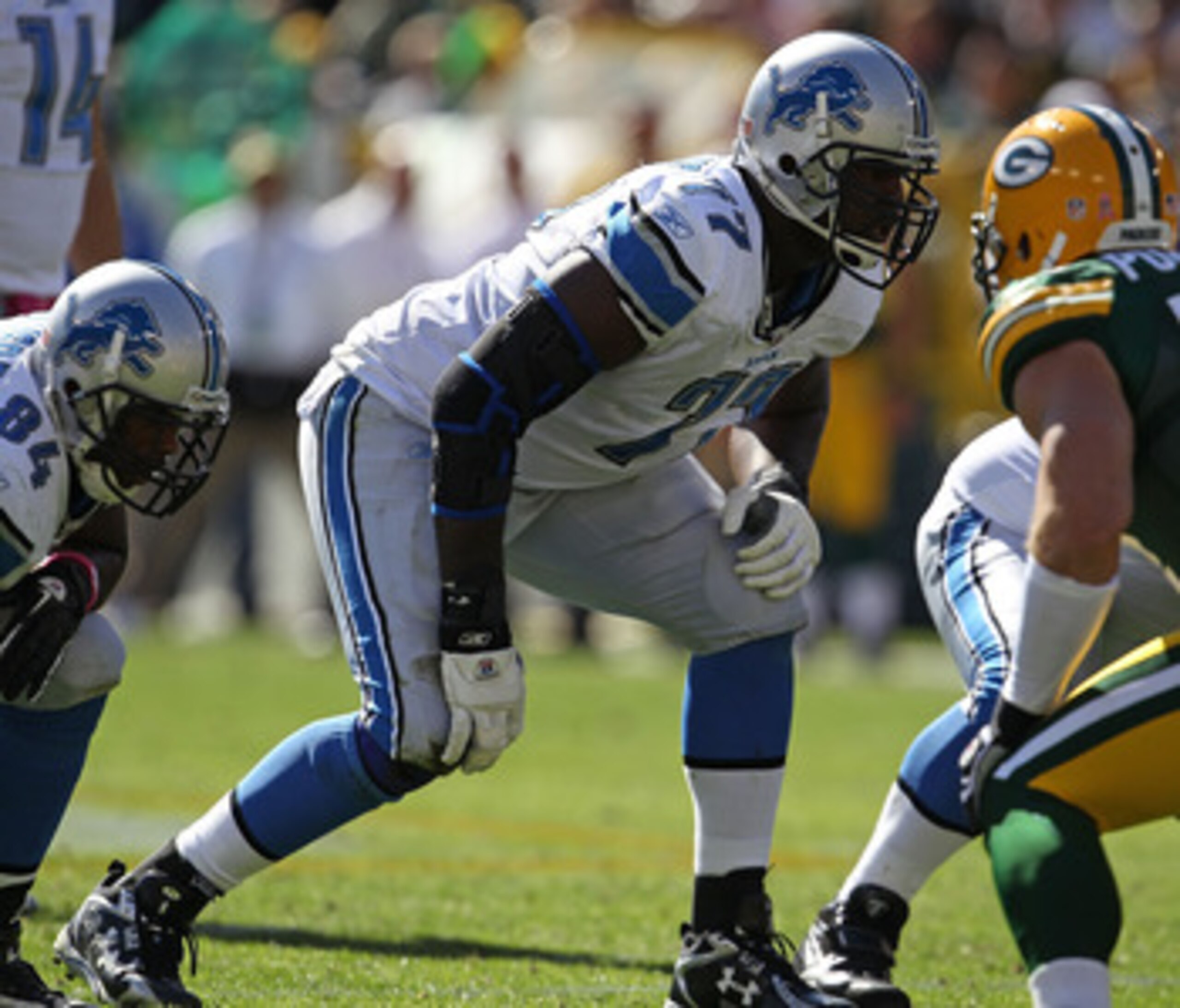 GREEN BAY, WI - OCTOBER 03: Gosder Cherilus #77 of the Detroit Lions awaits the start of play against the Green Bay Packers at Lambeau Field on October 3, 2010 in Green Bay, Wisconsin. The Packers defeated the Lions 28-26. (Photo by Jonathan Daniel/Getty GREEN BAY, WI - OCTOBER 03: Gosder Cherilus #77 of the Detroit Lions awaits the start of play against the Green Bay Packers at Lambeau Field on October 3, 2010 in Green Bay, Wisconsin. The Packers defeated the Lions 28-26. (Photo by Jonathan Daniel/Getty