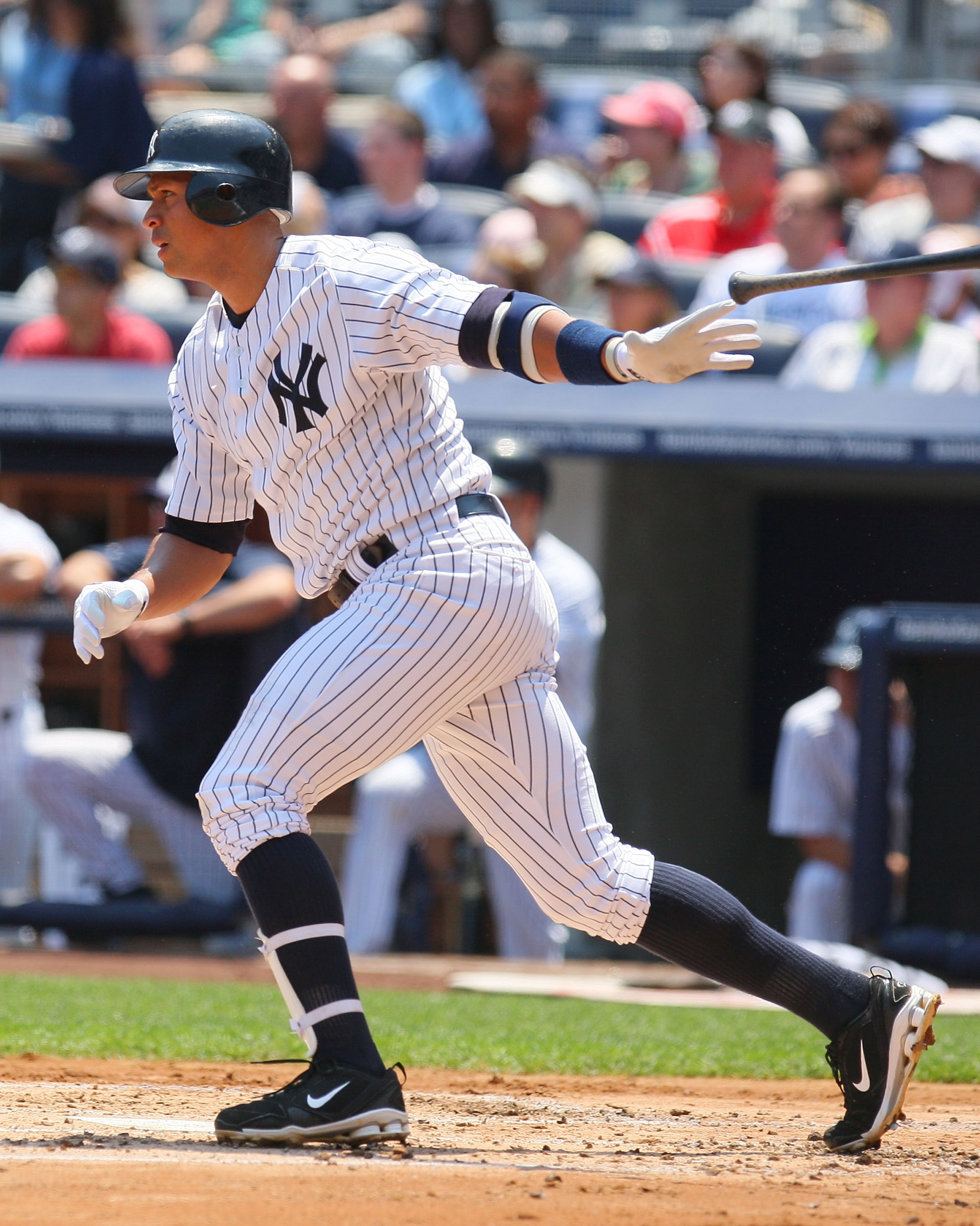 NEW YORK - MAY 31:  Alex Rodriguez #13 of the New York Yankees hits an RBI single in the first-inning against the Cleveland Indians on May 31, 2010 at Yankee Stadium in the Bronx borough of New York City.  (Photo by Mike Stobe/Getty Images)