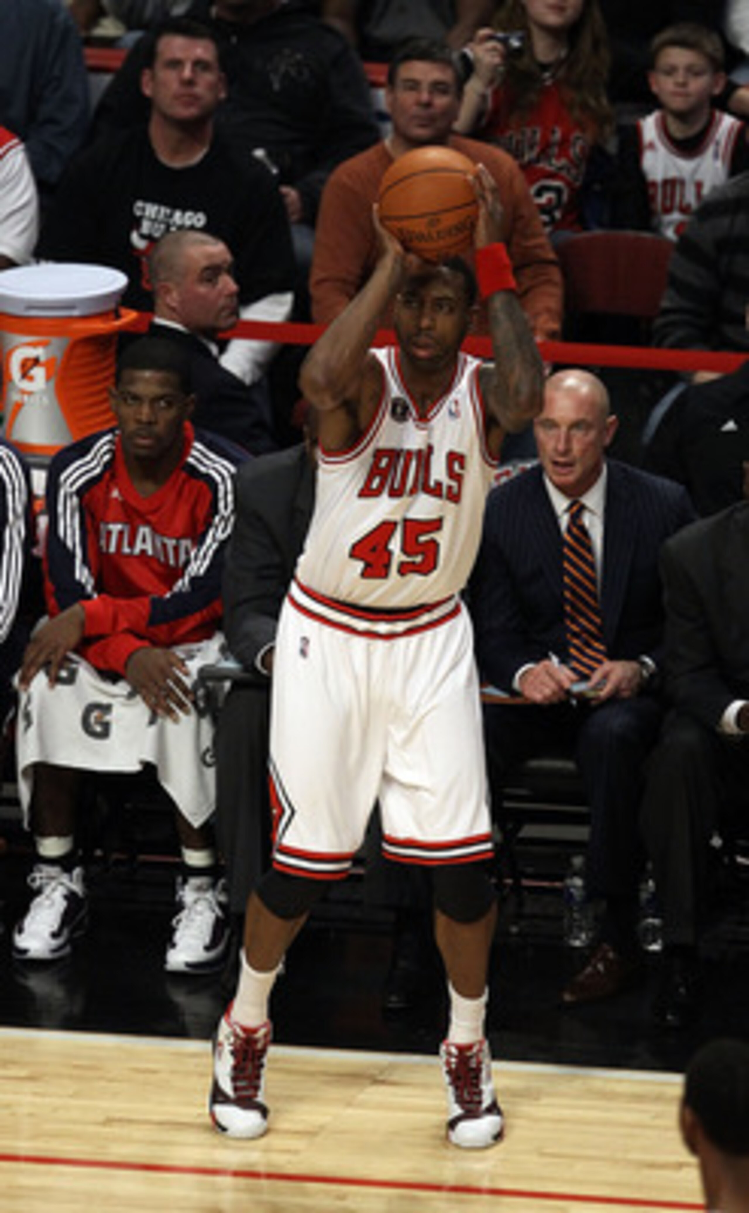CHICAGO, IL - MARCH 11: Rasual Butler #45 of the Chicago Bulls gets his first playing time and basket as a member of the Bulls against the Atlanta Hawks at the United Center on March 11, 2011 in Chicago, Illinois. The Bulls defeated the Hawks 94-76. NOTE