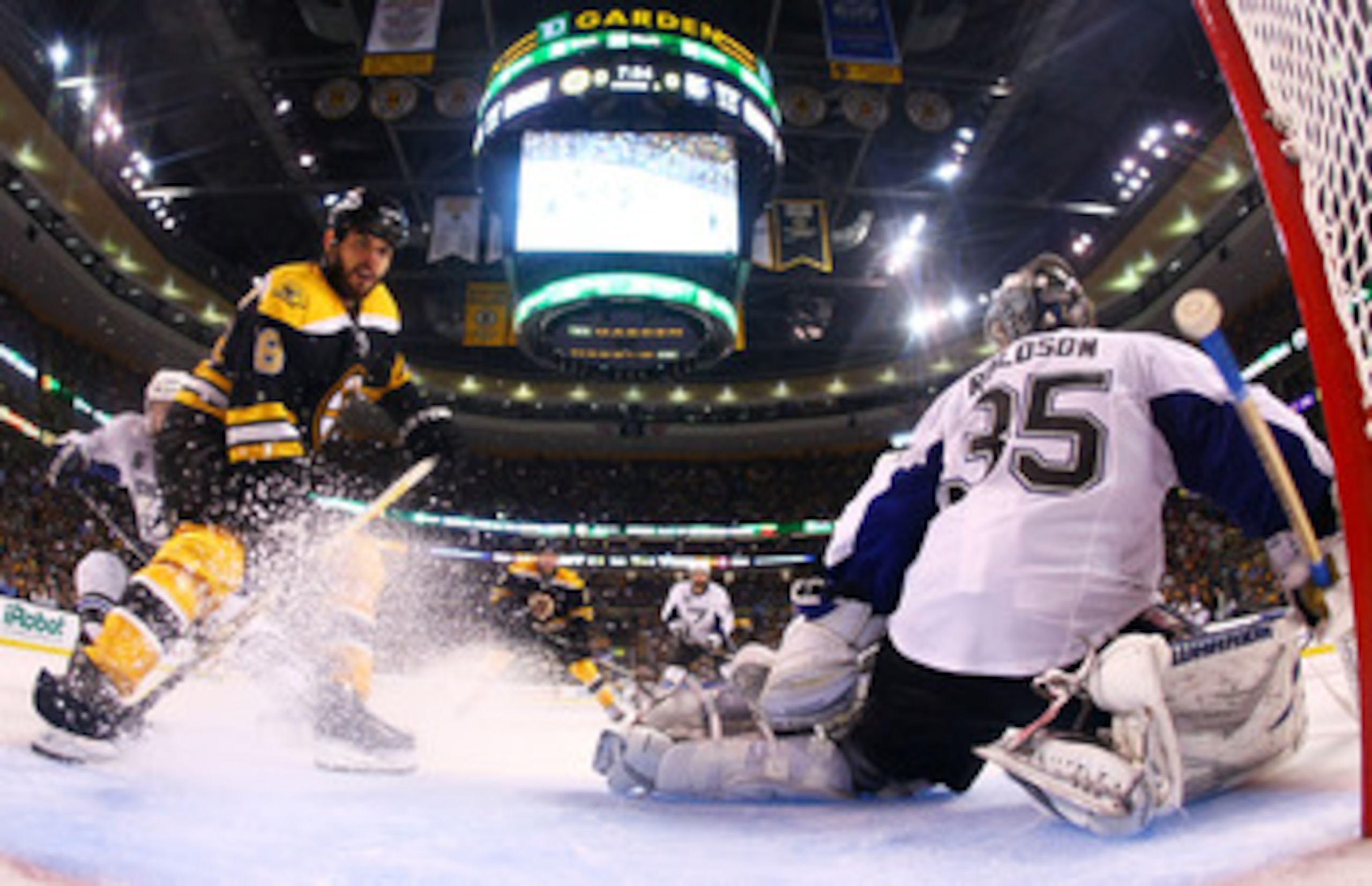 BOSTON, MA - MAY 27:  Nathan Horton #18 of the Boston Bruins shoots his game winning third period goal past Dwayne Roloson #35 of the Tampa Bay Lightning in Game Seven of the Eastern Conference Finals during the 2011 NHL Stanley Cup Playoffs at TD Garden 