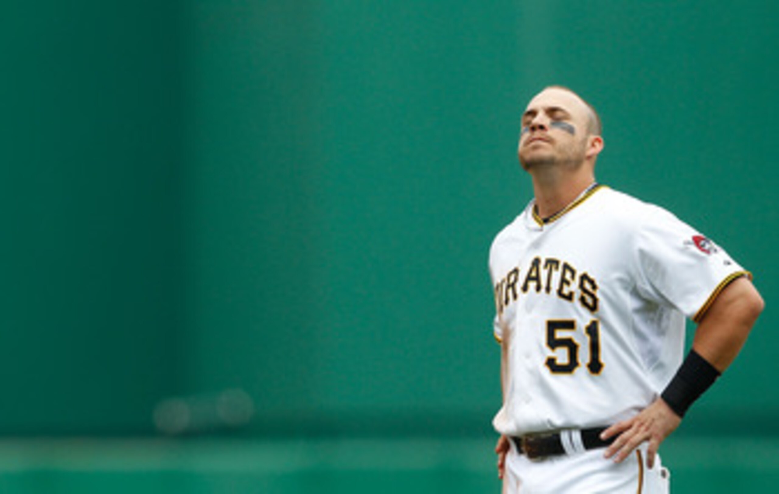 PITTSBURGH - MAY 25: Steve Pearce #51 of the Pittsburgh Pirates has a moment to himself after hitting into a double play to end the 9th inning against the Atlanta Braves during the game on May 25, 2011 at PNC Park in Pittsburgh, Pennsylvania. (Photo by PITTSBURGH - MAY 25: Steve Pearce #51 of the Pittsburgh Pirates has a moment to himself after hitting into a double play to end the 9th inning against the Atlanta Braves during the game on May 25, 2011 at PNC Park in Pittsburgh, Pennsylvania. (Photo by