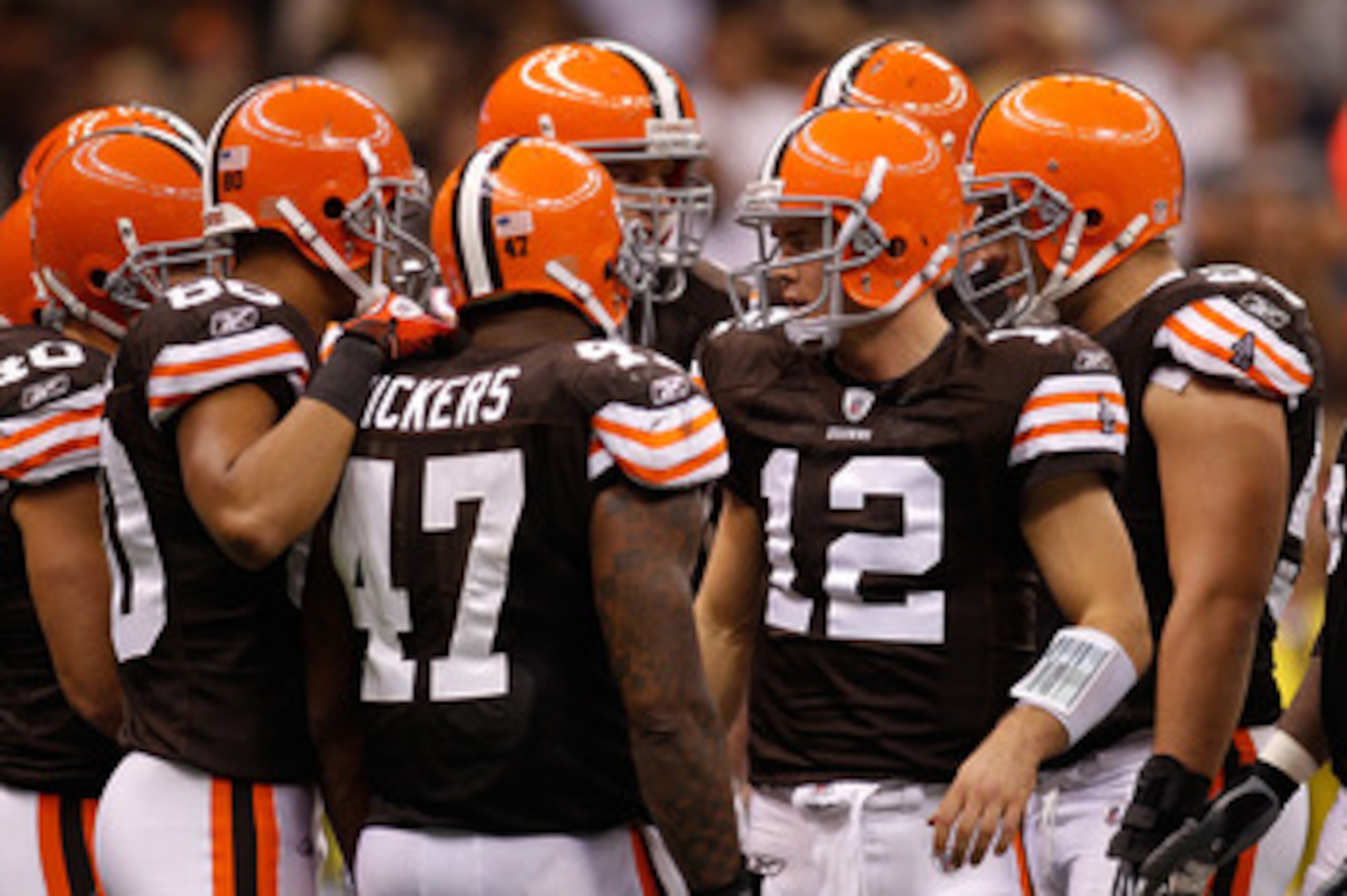 NEW ORLEANS - OCTOBER 24:  Colt McCoy #12 of the Cleveland Browns stands in the huddle during the game against the New Orleans Saints at the Louisiana Superdome on October 24, 2010 in New Orleans, Louisiana.  The Browns defeated the Saints 30-17.  (Photo