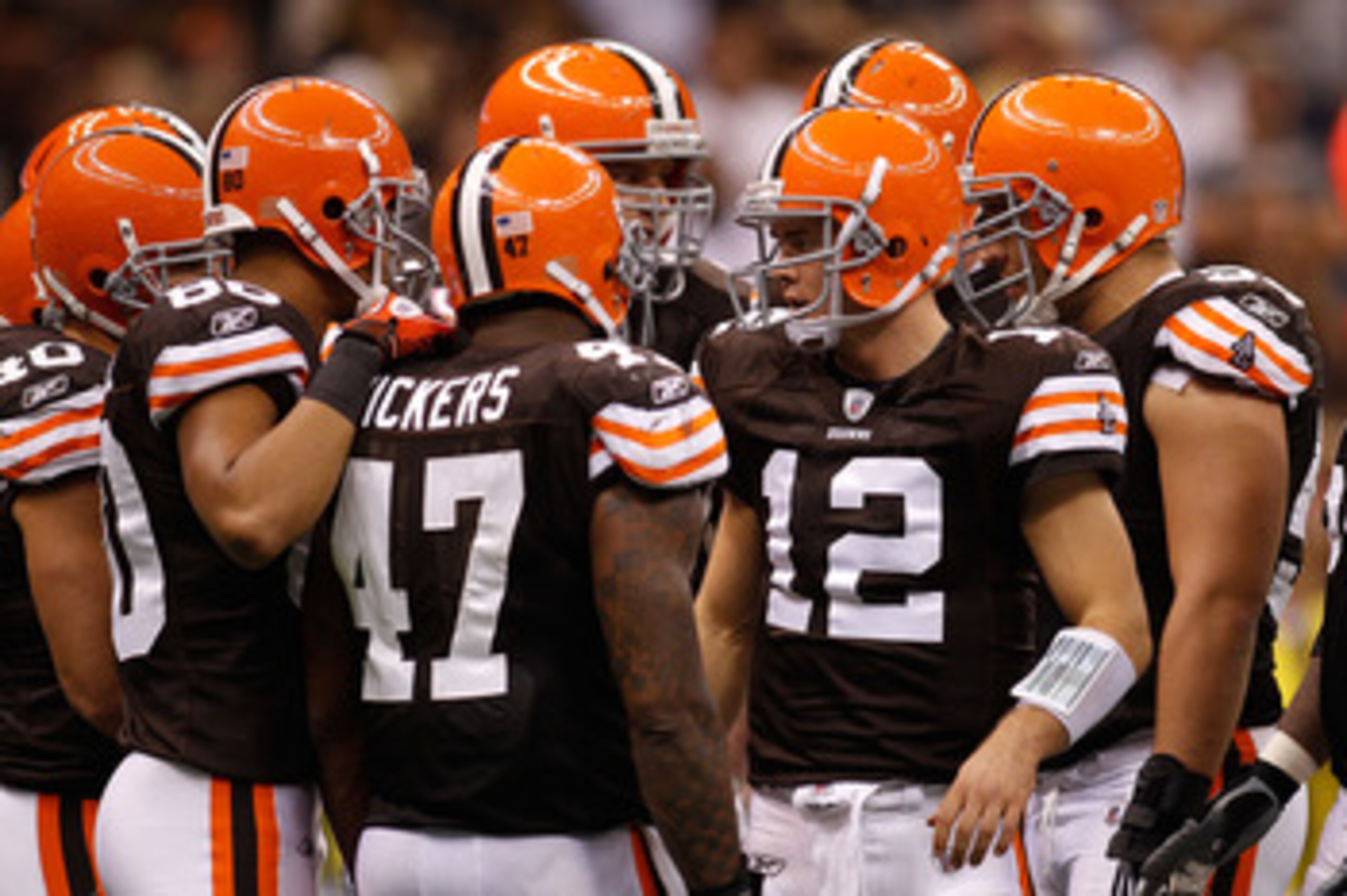 NEW ORLEANS - OCTOBER 24:  Colt McCoy #12 of the Cleveland Browns stands in the huddle during the game against the New Orleans Saints at the Louisiana Superdome on October 24, 2010 in New Orleans, Louisiana.  The Browns defeated the Saints 30-17.  (Photo