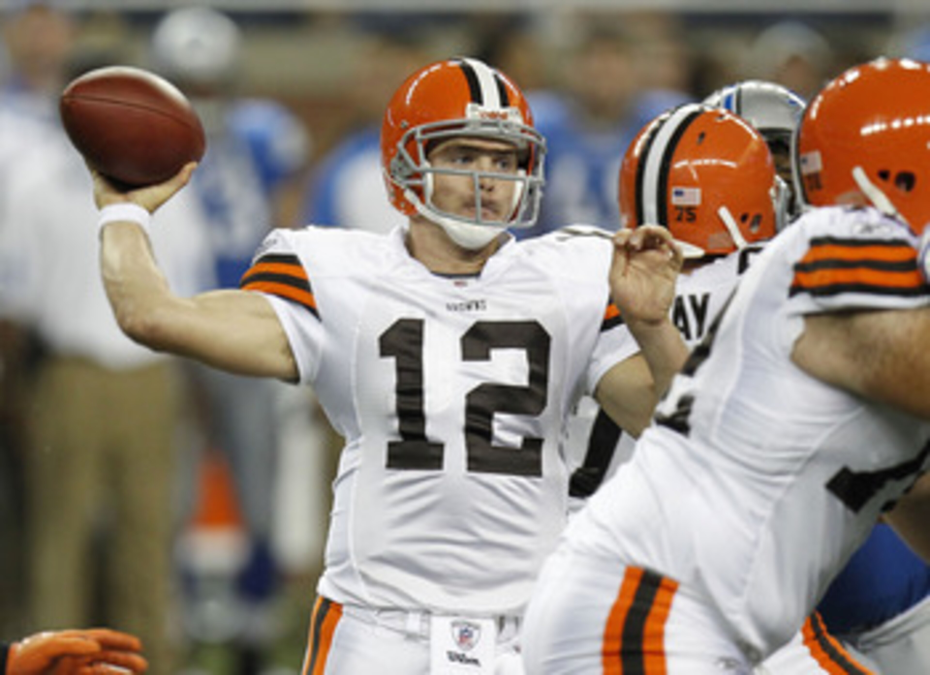 DETROIT - AUGUST 28: Colt McCoy #12 of the Cleveland Browns throws a fourth quarter pass while playing the Detroit Lions in a preseason game on August 28, 2010 at Ford Field in Detroit, Michigan.  (Photo by Gregory Shamus/Getty Images)