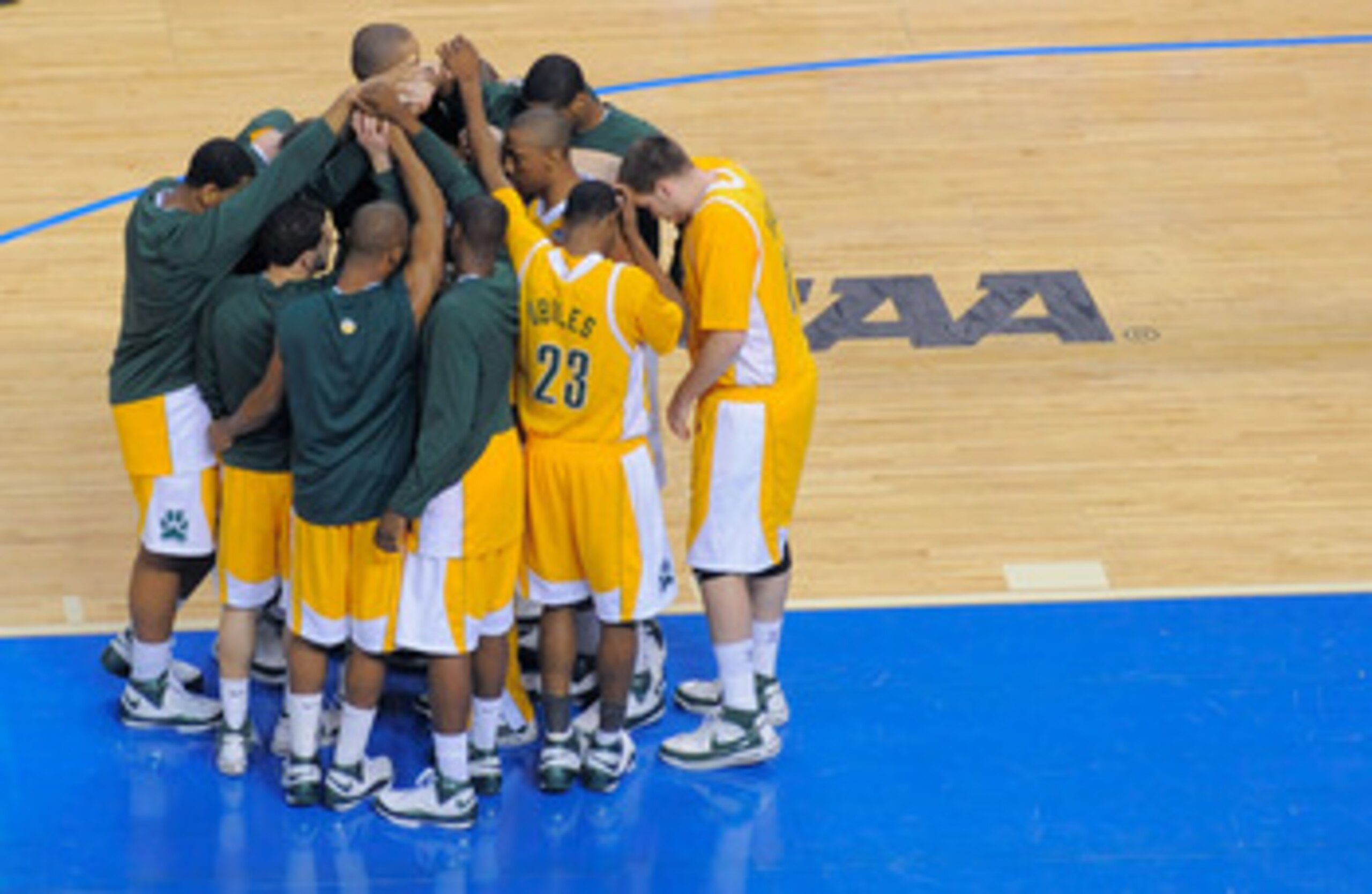 TAMPA, FL - MARCH 23:  The Siena Saints huddle prior to the start of their game against the Villanova Wildcats in the second round of the 2008 NCAA Tournament Midwest Regional at the St. Pete Times Forum on March 23, 2008 in Tampa, Florida.  (Photo by Sco