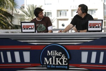 Mike Greenberg and Mike Golic during their ESPN Radio show, Mike & Mike in the Morning, broadcast on the ESPN set in Miami, Florida on February 1, 2007. (Photo by Allen Kee/Getty Images)