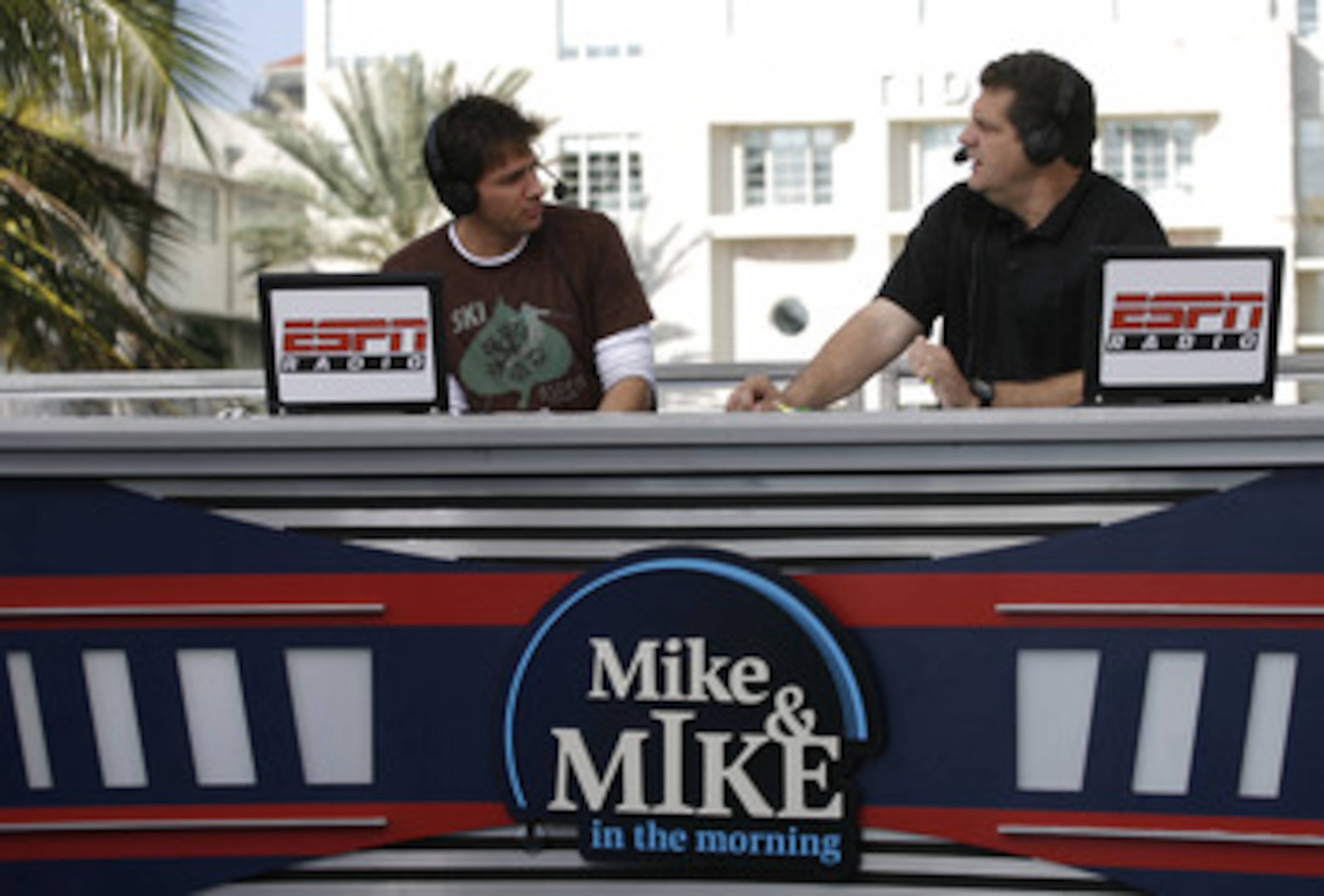 Mike Greenberg and Mike Golic during their ESPN Radio show, Mike & Mike in the Morning, broadcast on the ESPN set in Miami, Florida on February 1, 2007. (Photo by Allen Kee/Getty Images)
