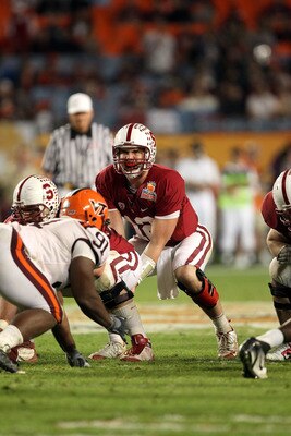 MIAMI, FL - JANUARY 03:  Andrew Luck #12 of the Stanford Cardinal callls signals out as he stands under center against the Virginia Tech Hokies during the 2011 Discover Orange Bowl at Sun Life Stadium on January 3, 2011 in Miami, Florida. Stanford won 40-