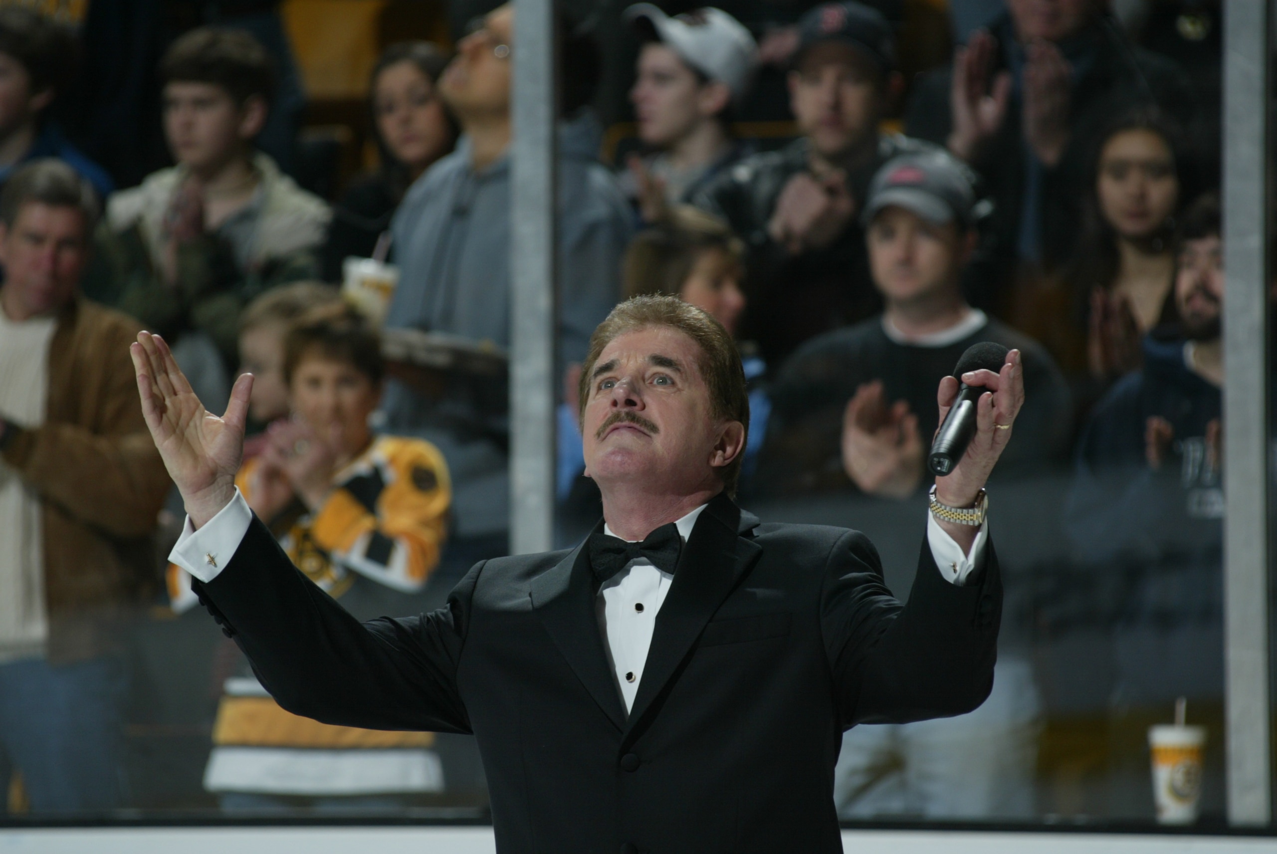 BOSTON - FEBRUARY 5:  Rene  Rancourt sings the National Anthem before the Carolina Hurricanes game against the Boston Bruins on February 5, 2006 at TD Banknorth Garden in Boston, Massachusetts. The Hurricanes won 4-3 in a shootout. (Photo by Bruce Bennett