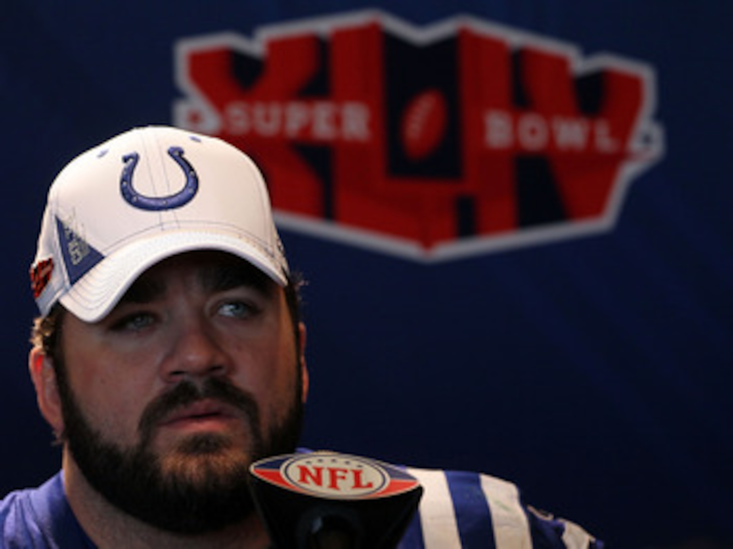 MIAMI GARDENS, FL - FEBRUARY 02:  Jeff Saturday #63 of the Indianapolis Colts speaks to members of the media during Super Bowl XLIV Media Day at Sun Life Stadium on February 2, 2010 in Miami Gardens, Florida.  (Photo by Scott Halleran/Getty Images)