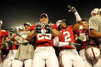 MIAMI, FL - JANUARY 03:  Ed Reynolds #29 and Corey Galewood #2 of the Stanford Cardinal celebrates after Stanford won 40-12 against the Virginia Tech Hokies during the 2011 Discover Orange Bowl at Sun Life Stadium on January 3, 2011 in Miami, Florida.  (P