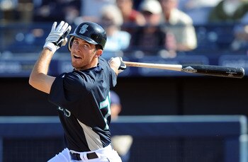PEORIA, AZ - MARCH 05:  Dustin Ackley #75 of the Seattle Mariners at bat during a Spring Training game against the San Diego Padres on March 5, 2010 in Peoria, Arizona.  (Photo by Lisa Blumenfeld/Getty Images)
