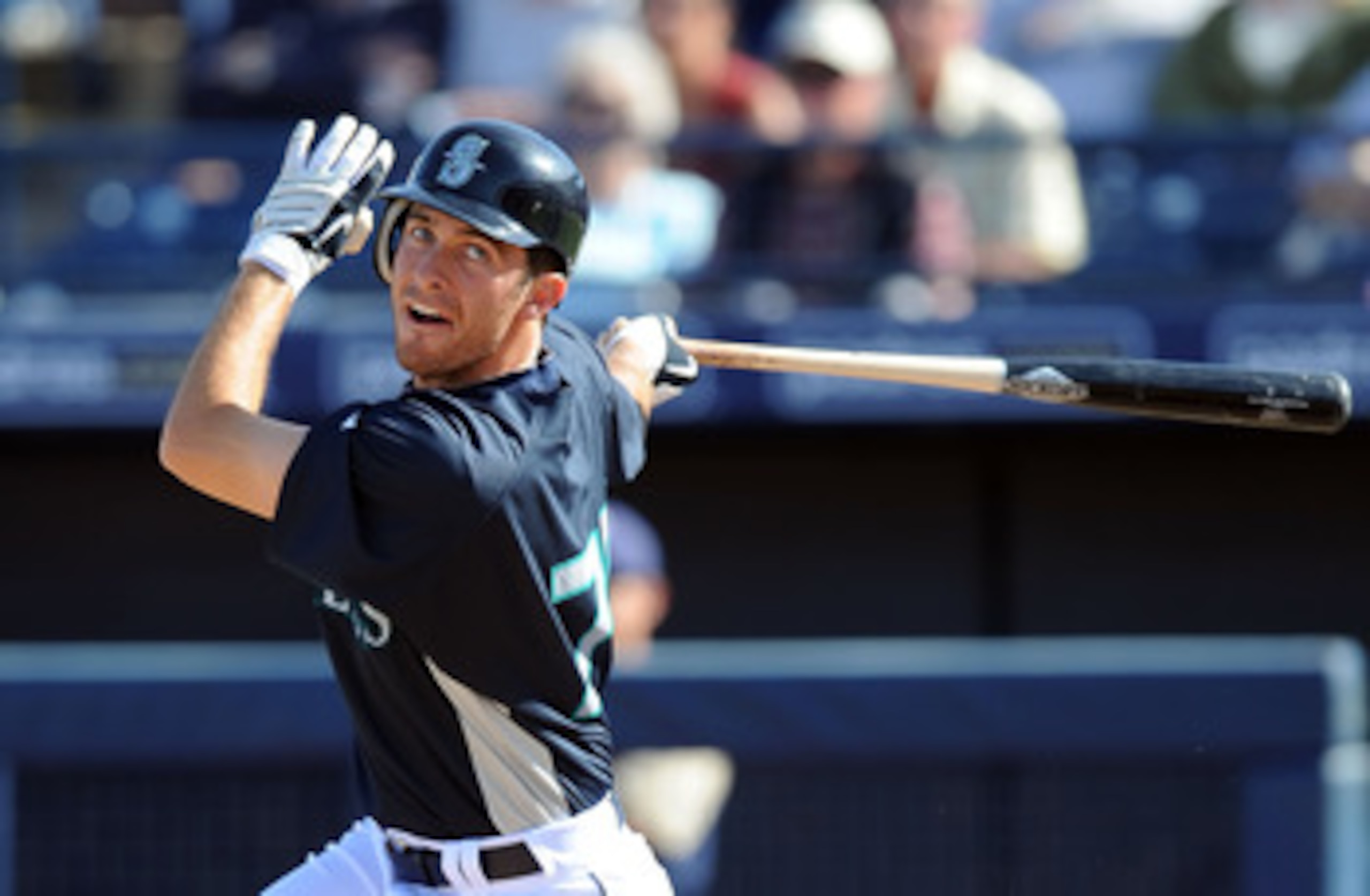 PEORIA, AZ - MARCH 05:  Dustin Ackley #75 of the Seattle Mariners at bat during a Spring Training game against the San Diego Padres on March 5, 2010 in Peoria, Arizona.  (Photo by Lisa Blumenfeld/Getty Images)