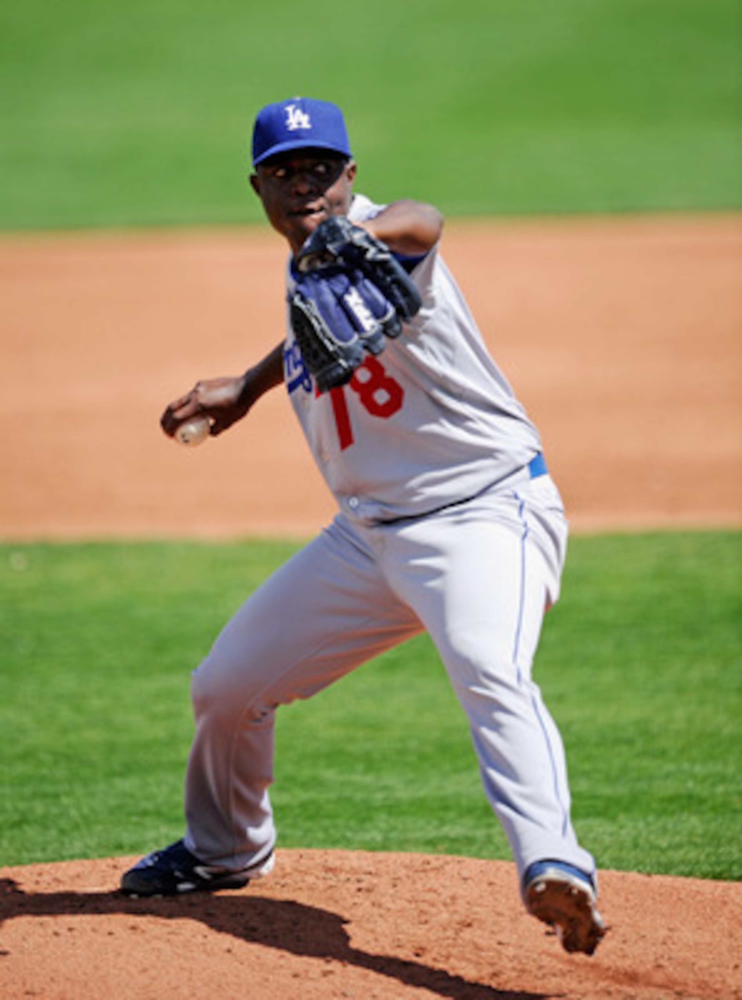 SCOTTSDALE, AZ - MARCH 18:  Pitcher Rubby De La Rosa #78 of the Los Angeles Dodgers throws against the San Francisco Giants during the spring training baseball game at Scottsdale Stadium on March 18, 2011 in Scottsdale, Arizona.  (Photo by Kevork Djansezi