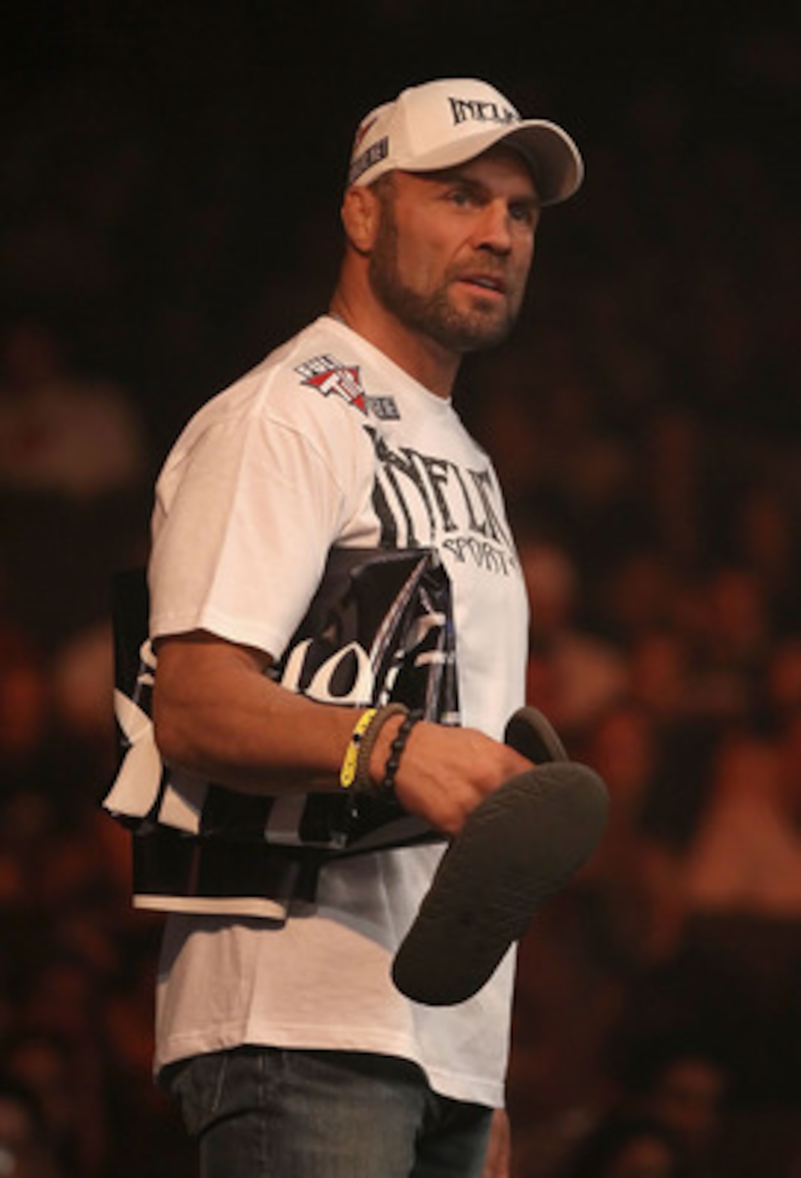 PHOENIX - AUGUST 13:  Randy Couture watches the Strikeforce Challengers Main Card bout at Dodge Theater on August 13, 2010 in Phoenix, Arizona.  (Photo by Christian Petersen/Getty Images)