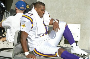 CHARLOTTE, NC - OCTOBER 30:  Quarterback Daunte Culpepper #11 of the Minnesota Vikings is carted off the field after being injured against the Carolina Panthers at Bank of America Stadium on October 30, 2005 in Charlotte, North Carolina. The Panthers defe