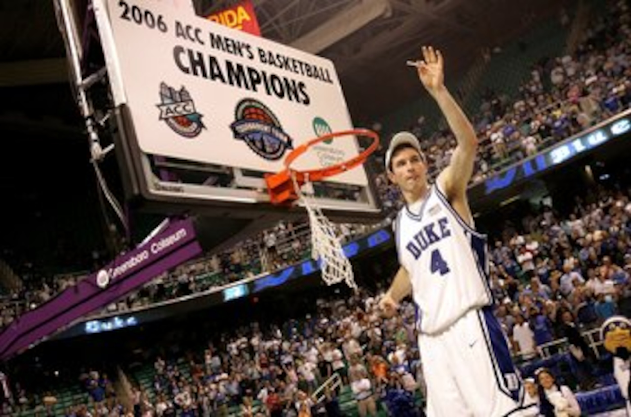 GREENSBORO, NC - MARCH 12: J.J Redick #4 of the Duke Blue Devils salutes the crowd as he cuts down the net after his team's 78-76 win over the Boston College Eagles during the finals of the Atlantic Coast Conference Men's Basketball Tournament on March 1 GREENSBORO, NC - MARCH 12: J.J Redick #4 of the Duke Blue Devils salutes the crowd as he cuts down the net after his team's 78-76 win over the Boston College Eagles during the finals of the Atlantic Coast Conference Men's Basketball Tournament on March 1