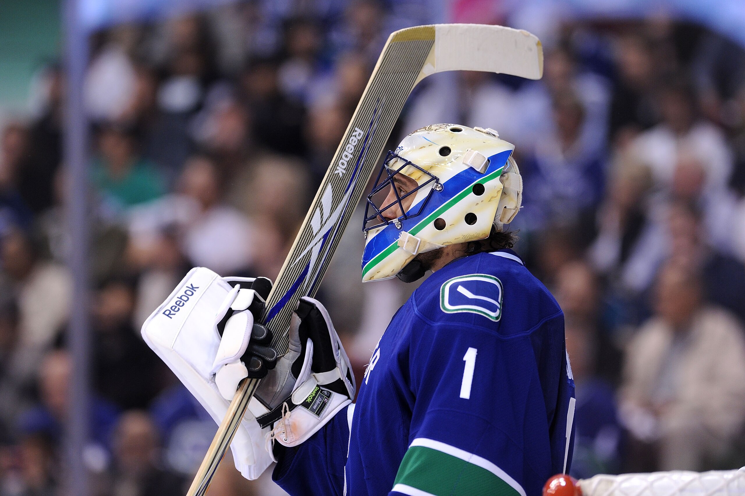 VANCOUVER, CANADA - MAY 24:  Goaltender Roberto Luongo #1 of the Vancouver Canucks looks on during Game Five of the Western Conference Finals against the San Jose Sharks during the 2011 Stanley Cup Playoffs at Rogers Arena on May 24, 2011 in Vancouver, Br