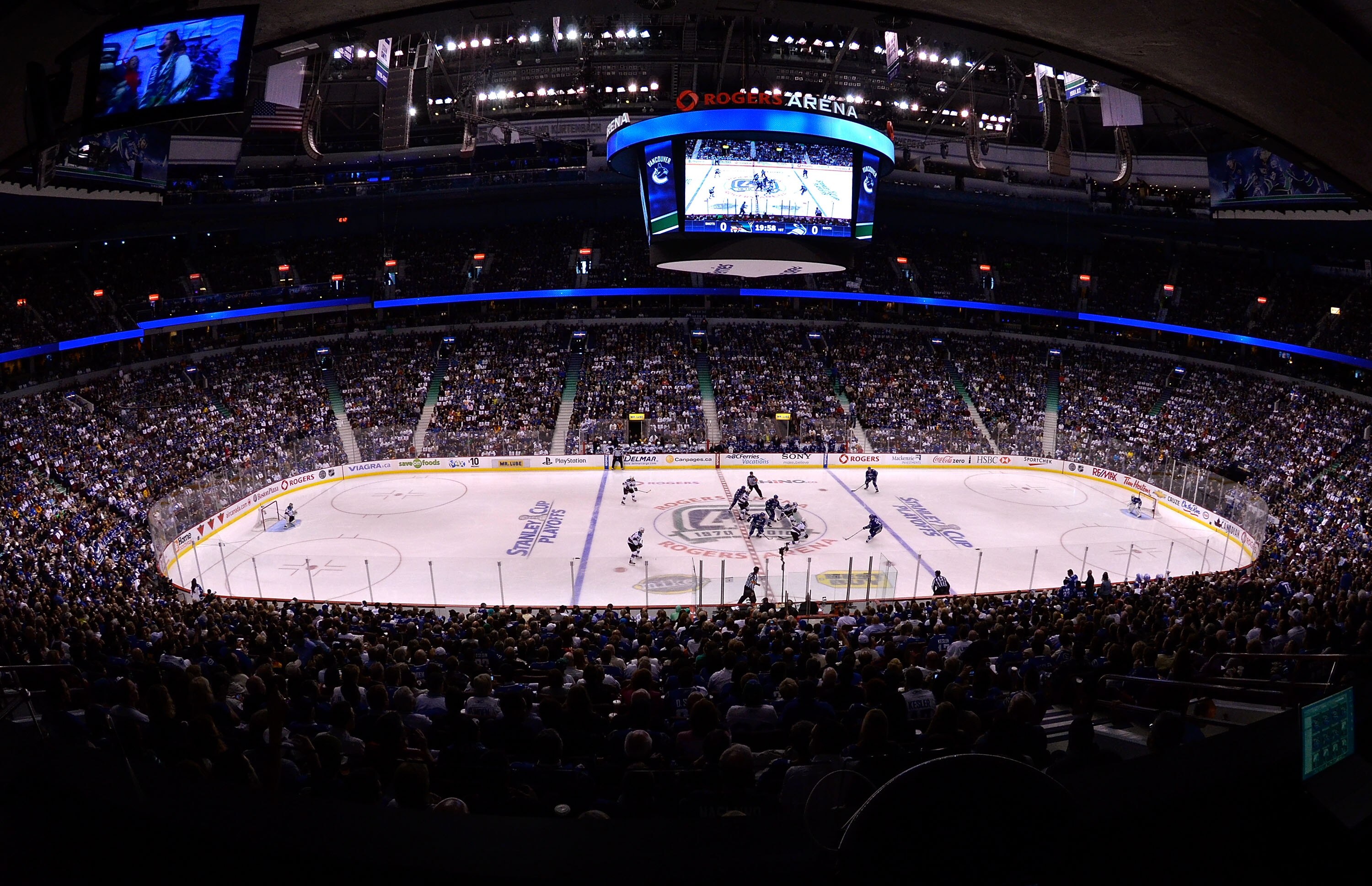 VANCOUVER, CANADA - MAY 24:   A general view of the opening faceoff of Game Five of the Western Conference Finals between the San Jose Sharks and the Vancouver Canucks during the 2011 Stanley Cup Playoffs at Rogers Arena on May 24, 2011 in Vancouver, Brit