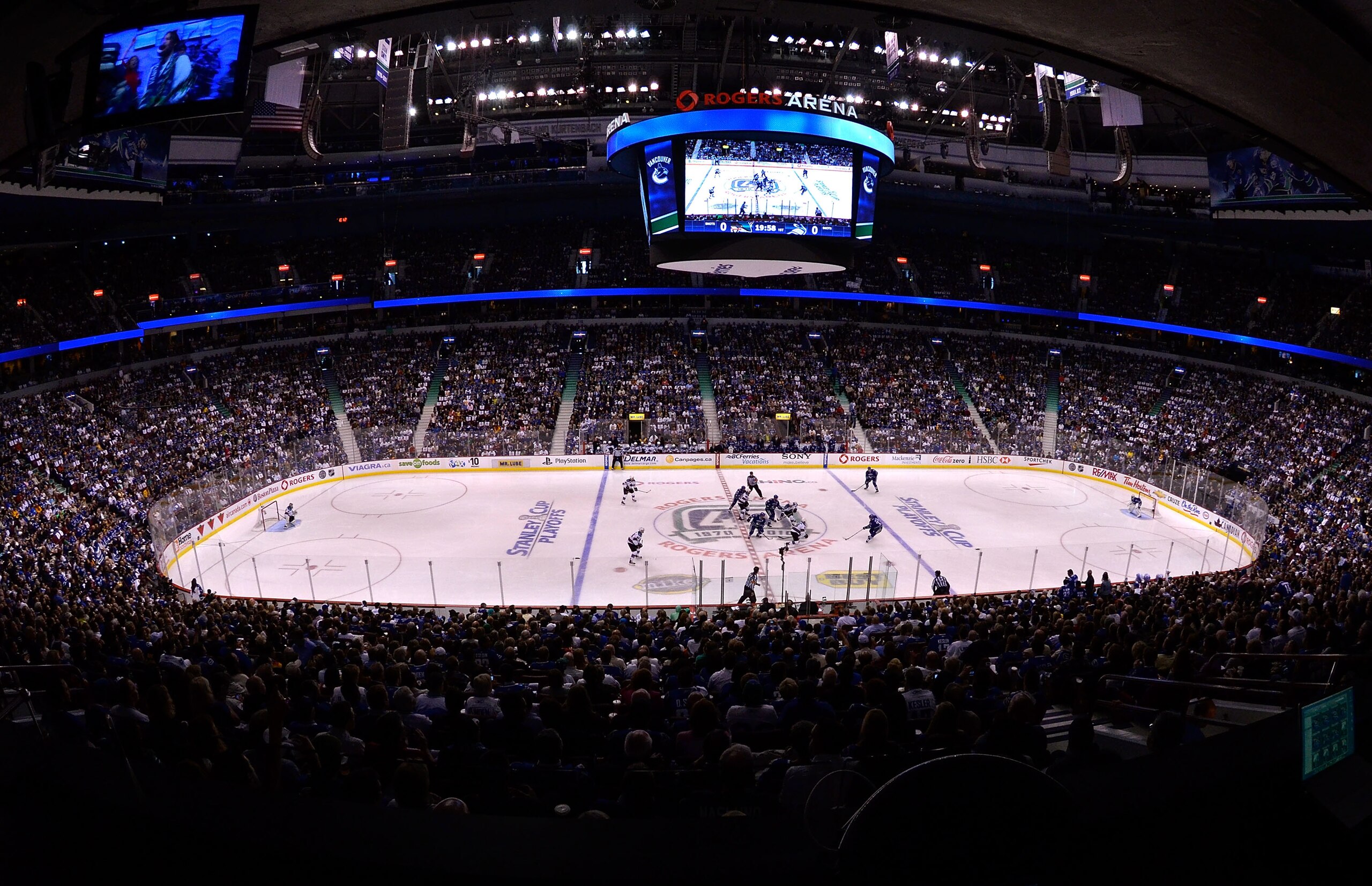 VANCOUVER, CANADA - MAY 24:   A general view of the opening faceoff of Game Five of the Western Conference Finals between the San Jose Sharks and the Vancouver Canucks during the 2011 Stanley Cup Playoffs at Rogers Arena on May 24, 2011 in Vancouver, Brit
