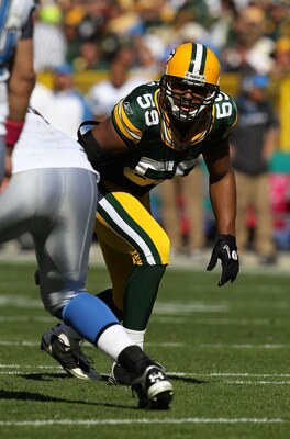 GREEN BAY, WI - OCTOBER 03: Brad Jones #59 of the Green Bay Packers awaits the start of play against the Detroit Lions at Lambeau Field on October 3, 2010 in Green Bay, Wisconsin. The Packers defeated the Lions 28-26. (Photo by Jonathan Daniel/Getty Image