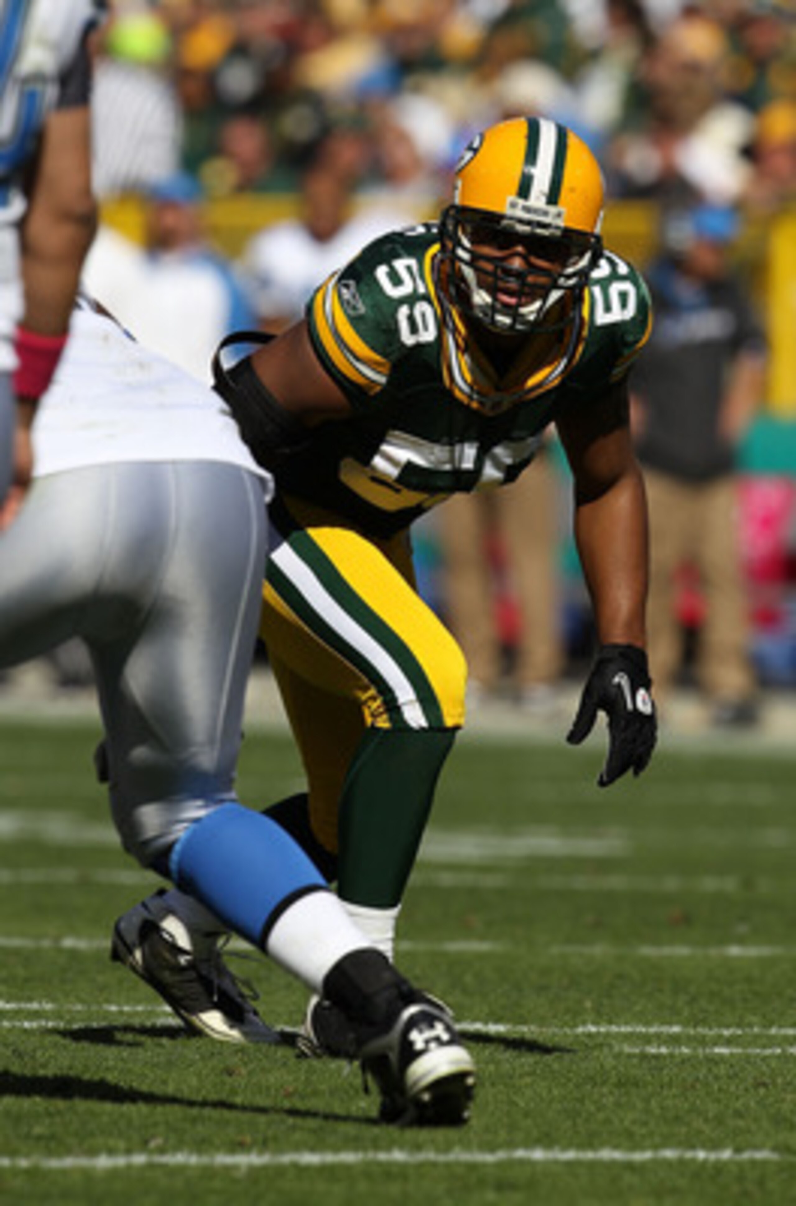 GREEN BAY, WI - OCTOBER 03: Brad Jones #59 of the Green Bay Packers awaits the start of play against the Detroit Lions at Lambeau Field on October 3, 2010 in Green Bay, Wisconsin. The Packers defeated the Lions 28-26. (Photo by Jonathan Daniel/Getty Image