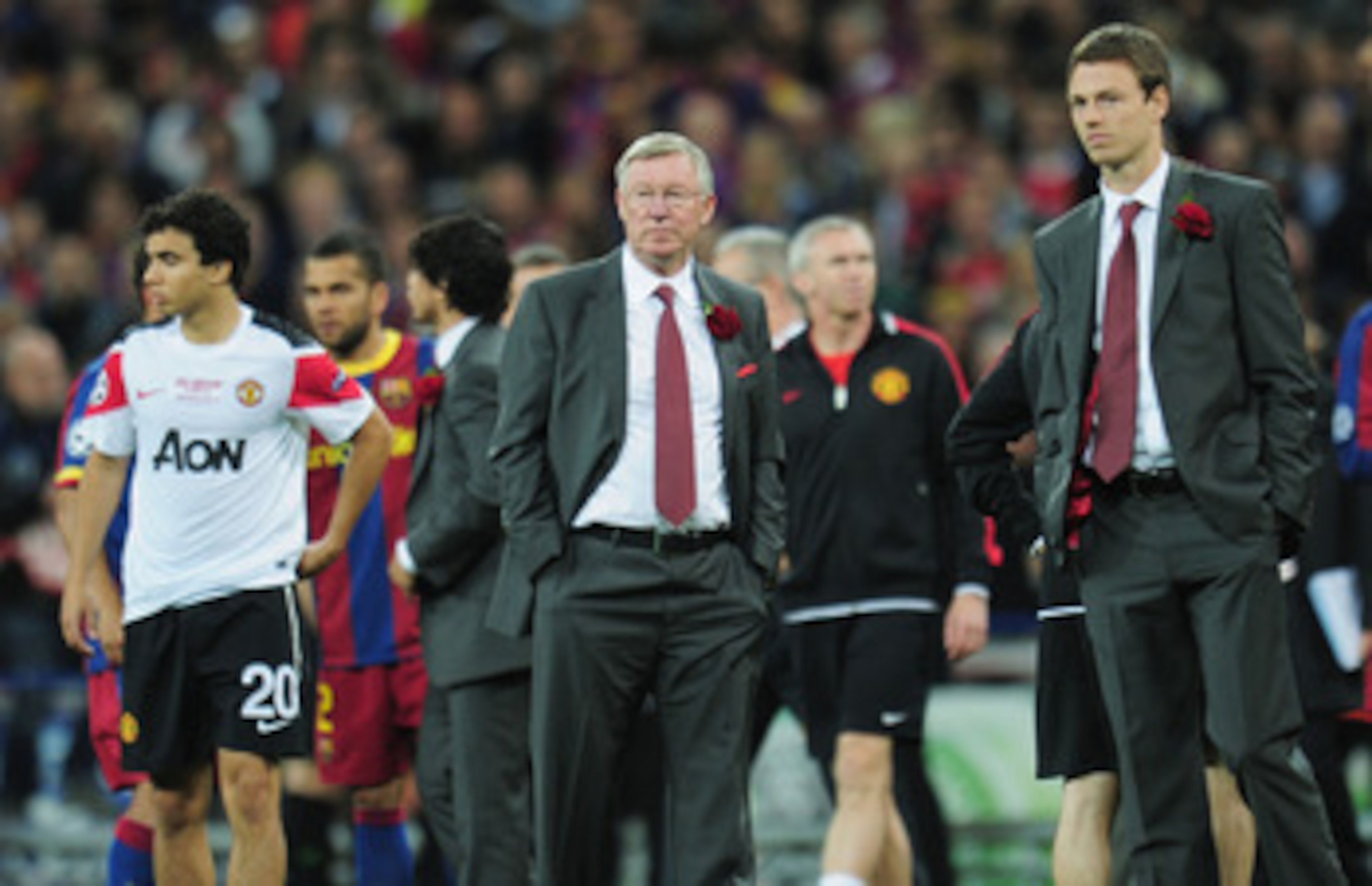 LONDON, ENGLAND - MAY 28: Sir Alex Ferguson manager of Manchester United (C) shows his dejection after the UEFA Champions League final between FC Barcelona and Manchester United FC at Wembley Stadium on May 28, 2011 in London, England. (Photo by Shaun B LONDON, ENGLAND - MAY 28: Sir Alex Ferguson manager of Manchester United (C) shows his dejection after the UEFA Champions League final between FC Barcelona and Manchester United FC at Wembley Stadium on May 28, 2011 in London, England. (Photo by Shaun B