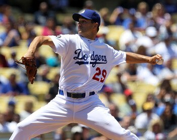 LOS ANGELES, CA - MAY 15:  Ted Lilly #29 of the Los Angeles Dodgers throw a pitch against the Arizona Diamondbacks on May 15, 2011 at Dodger Stadium in Los Angeles, California.  (Photo by Stephen Dunn/Getty Images)