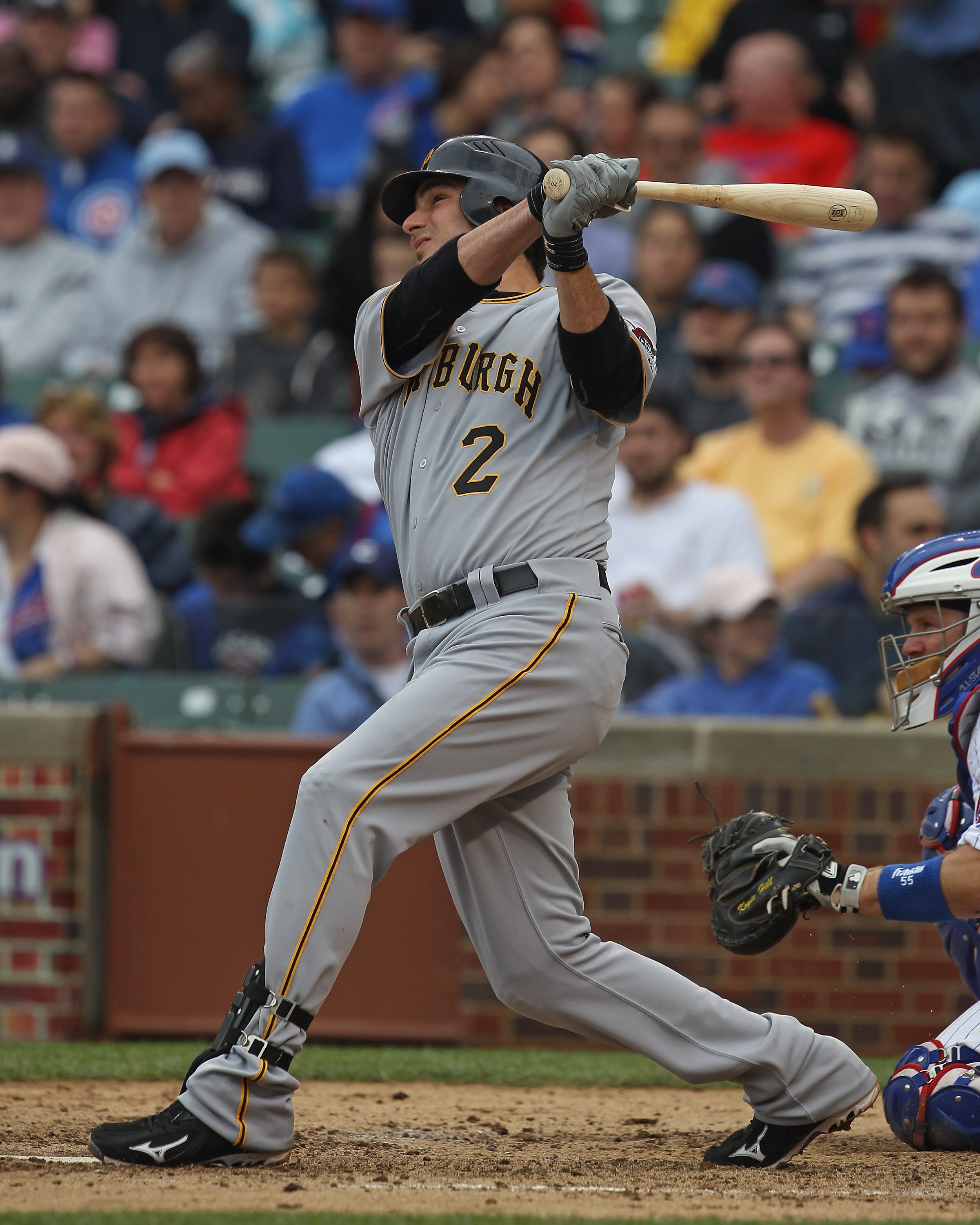 CHICAGO, IL - MAY 29:  Brandon Wood #2 of the Pittsburgh Pirates hits the ball against the Chicago Cubs at Wrigley Field on May 29, 2011 in Chicago, Illinois. The Cubs defeated the Pirates 3-2.  (Photo by Jonathan Daniel/Getty Images)