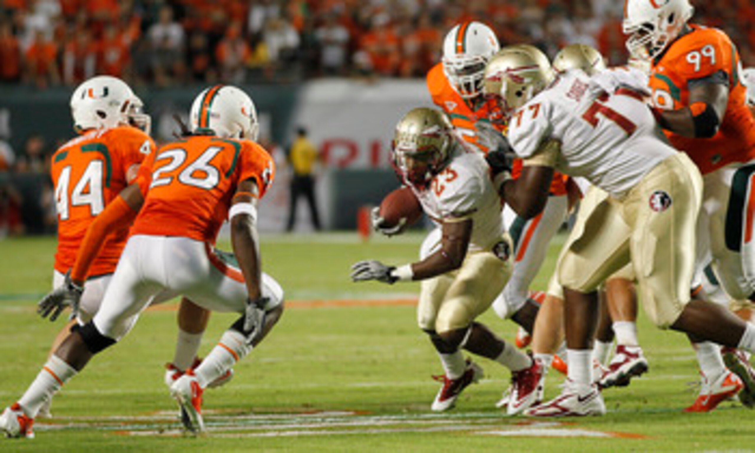 MIAMI, FL - OCTOBER 9: Chris Thompson #23 of the Florida State Seminoles runs with the ball against the Miami Hurricanes on October 9, 2010 at Sun Life Stadium in Miami, Florida. (Photo by Joel Auerbach/Getty Images)