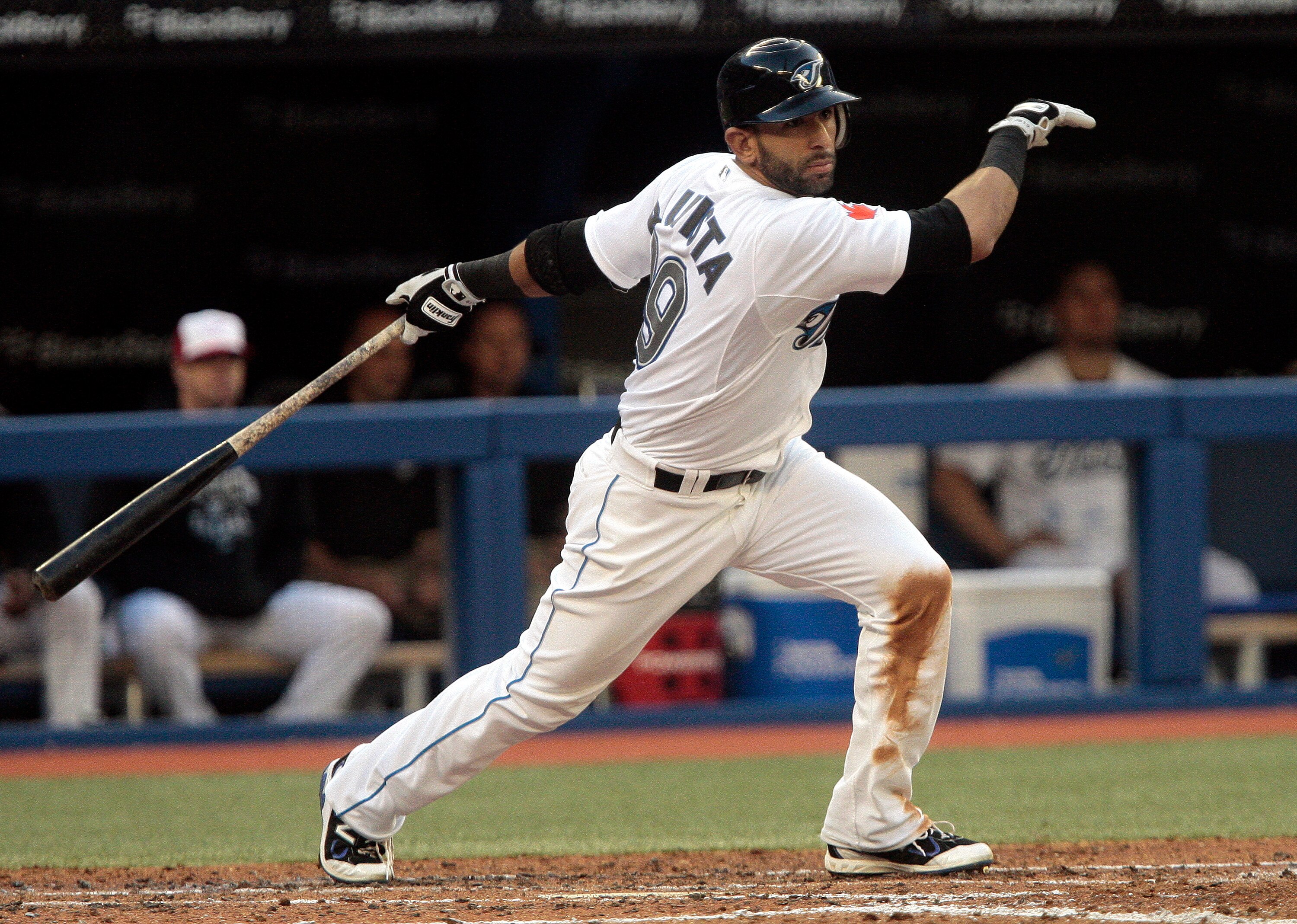 TORONTO, CANADA - MAY 30:  Jose Bautista #19 of the Toronto Blue Jays hits a two-run double against the Cleveland Indians during MLB action at Rogers Centre May 30, 2011 in Toronto, Ontario, Canada. (Photo by Abelimages/Getty Images)