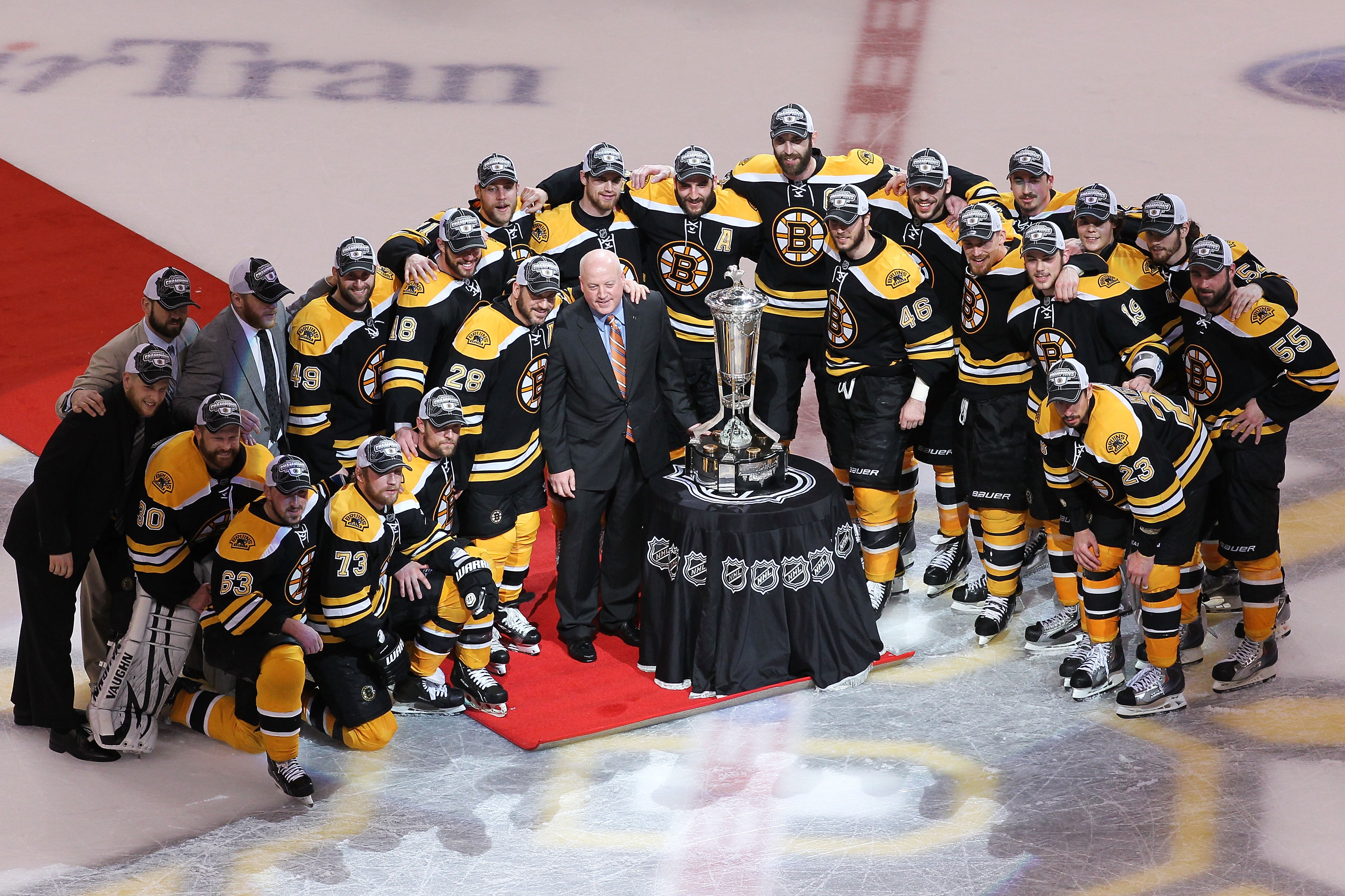 BOSTON, MA - MAY 27:  The Prince of Wales trophy is presented to the Boston Bruins by Deputy Commissioner Bill Daly after they defeated the Tampa Bay Lightning 1 to 0 in Game Seven of the Eastern Conference Finals during the 2011 NHL Stanley Cup Playoffs