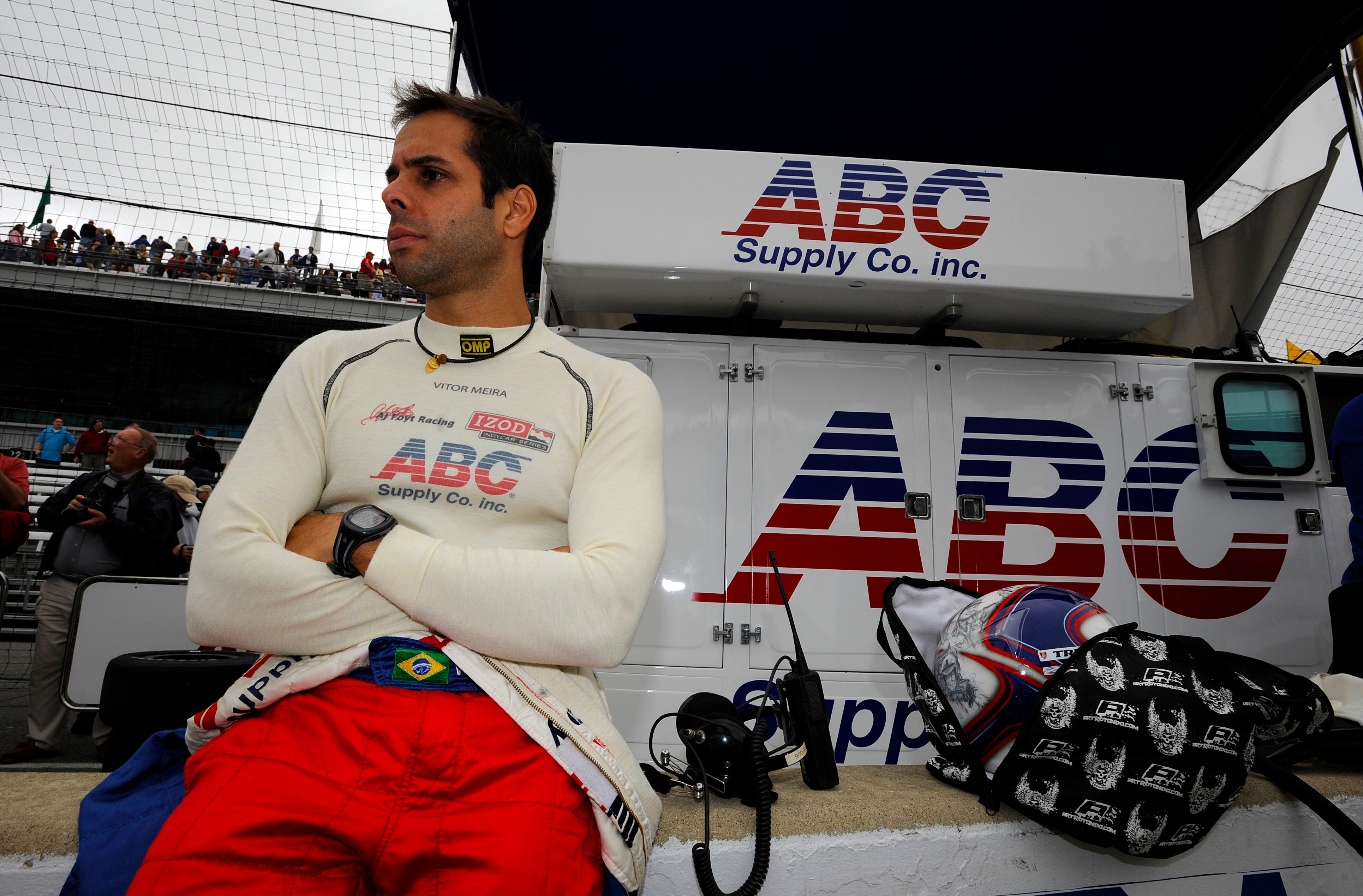INDIANAPOLIS, IN - MAY 27:  Vitor Meira of Brazil, driver of the #14 ABC Supply Co A.J. Foyt Racing Dallara Honda, looks on during final practice on Carb Day for the 95th running of the Indianapolis 500 on May 27, 2011 at Indianapolis Motor Speedway in In