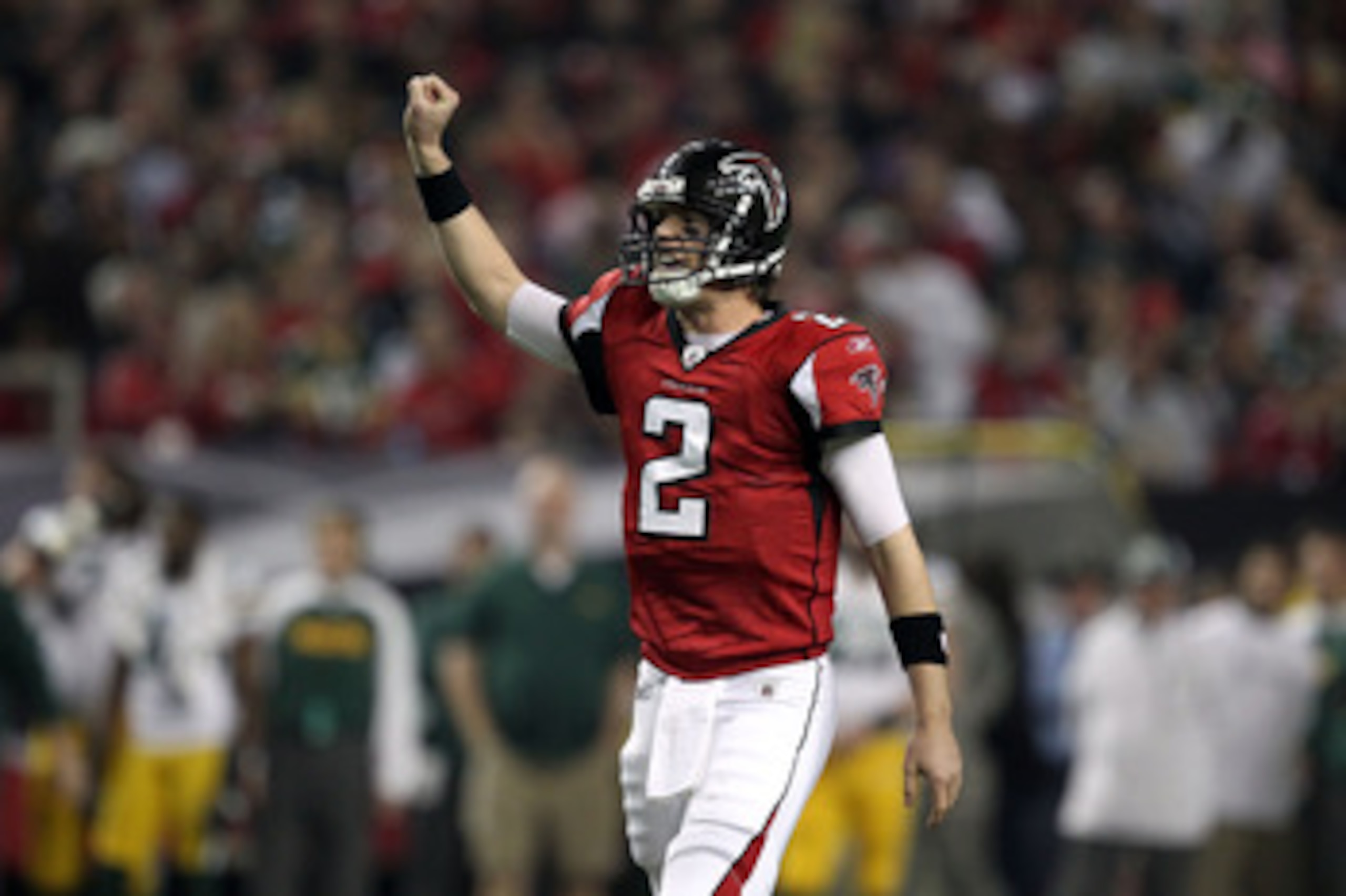 ATLANTA, GA - JANUARY 15:  Quarterback Matt Ryan #2 of the Atlanta Falcons gestures against the Green Bay Packers during their 2011 NFC divisional playoff game at Georgia Dome on January 15, 2011 in Atlanta, Georgia.  (Photo by Streeter Lecka/Getty Images