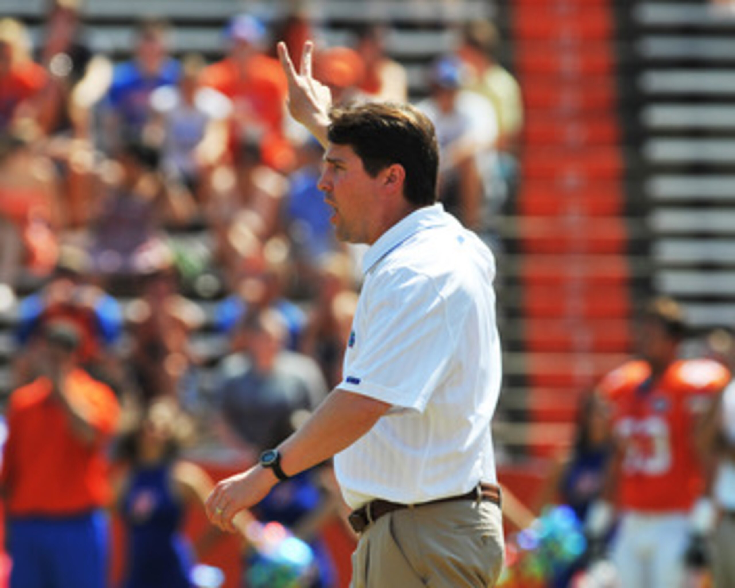 GAINESVILLE, FL - APRIL 9:  Coach Will Muschamp of the Florida Gators directs play during the Orange and Blue spring football game April 9, 2011 at Ben Hill Griffin Stadium in Gainesville, Florida.  (Photo by Al Messerschmidt/Getty Images)