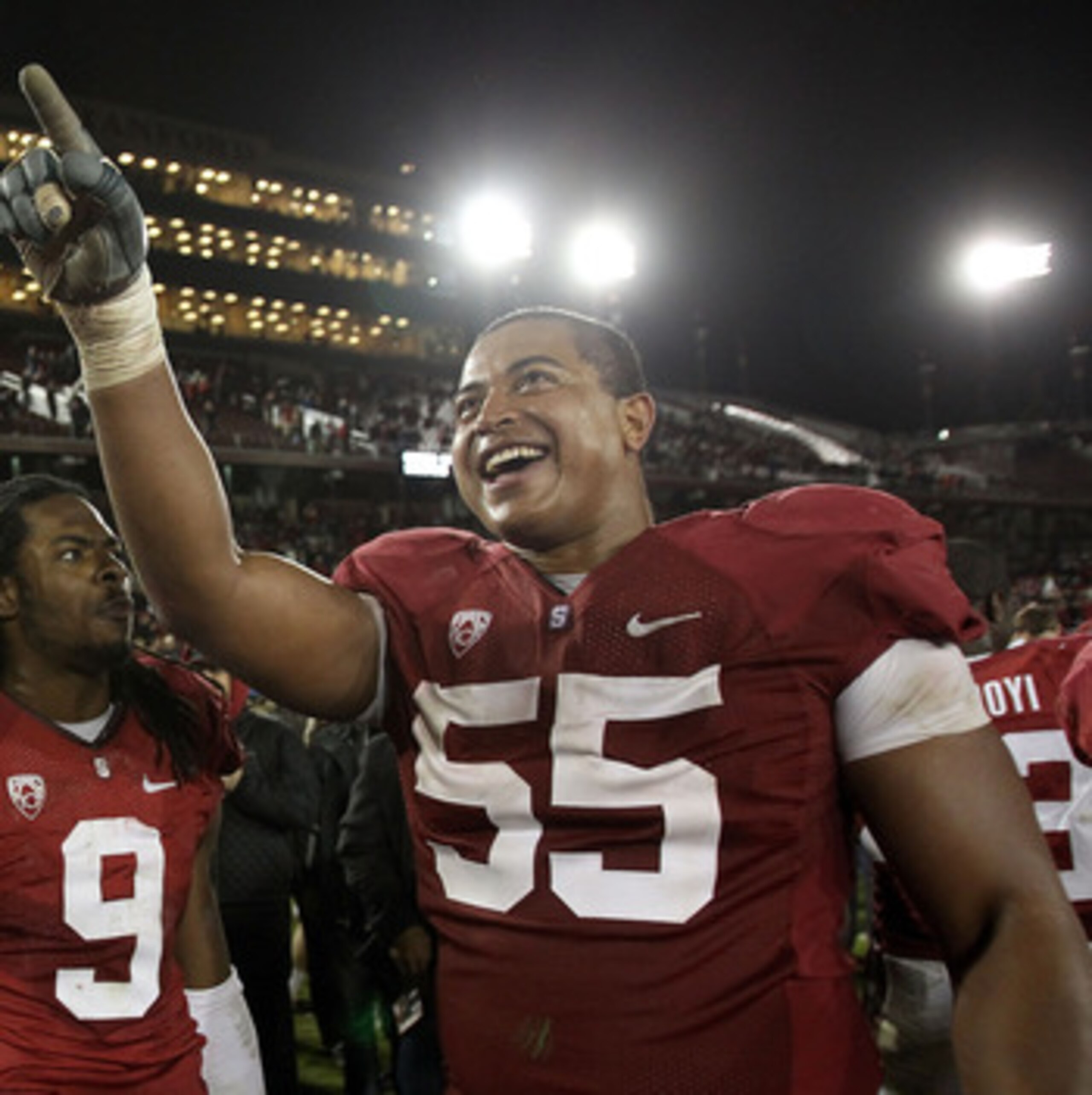 PALO ALTO, CA - NOVEMBER 27:  Jonathan Martin #55 and Richard Sherman #9 of the Stanford Cardinal celebrate after they beat the Oregon State Beavers at Stanford Stadium on November 27, 2010 in Palo Alto, California.  (Photo by Ezra Shaw/Getty Images)