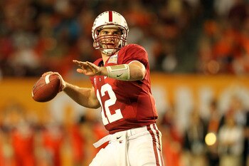 MIAMI, FL - JANUARY 03: Andrew Luck #12 of the Stanford Cardinal throws a pass against the Virginia Tech Hokies during the 2011 Discover Orange Bowl at Sun Life Stadium on January 3, 2011 in Miami, Florida. (Photo by Mike Ehrmann/Getty Images)