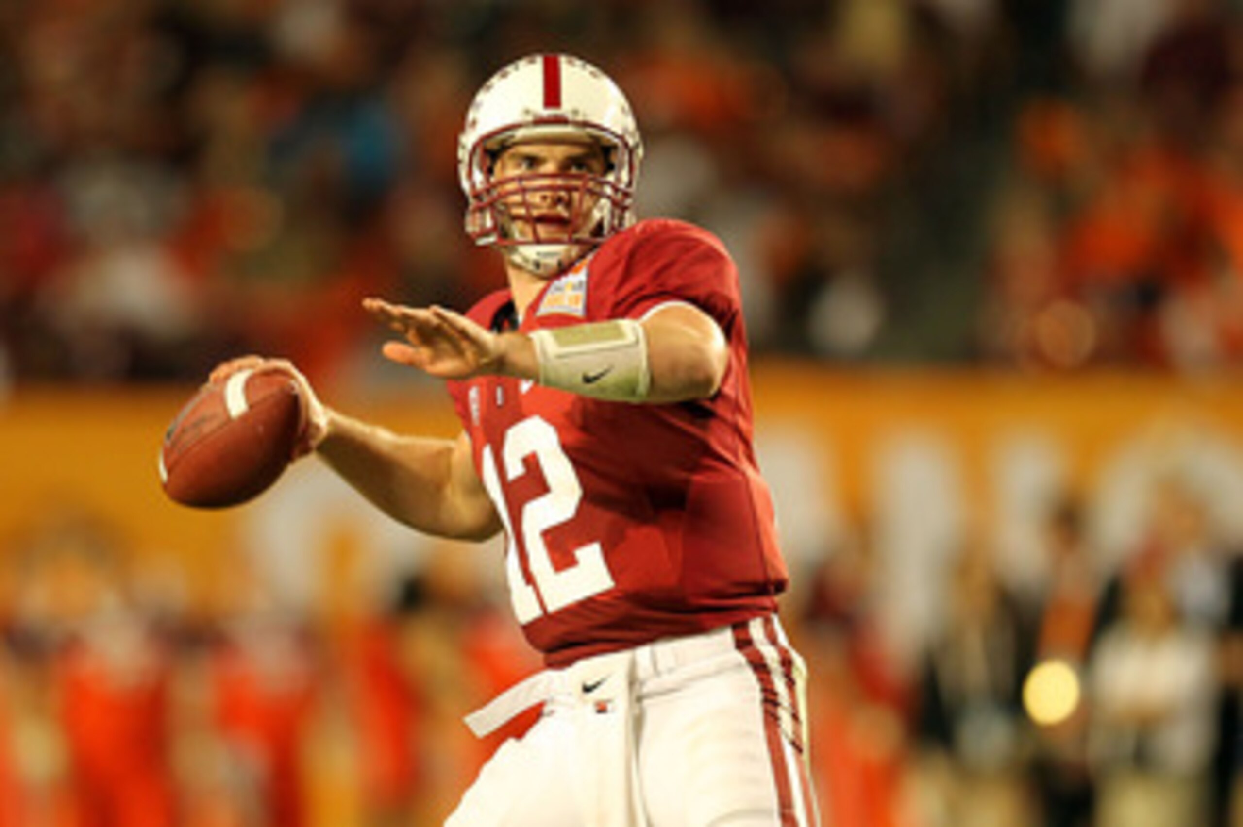 MIAMI, FL - JANUARY 03: Andrew Luck #12 of the Stanford Cardinal throws a pass against the Virginia Tech Hokies during the 2011 Discover Orange Bowl at Sun Life Stadium on January 3, 2011 in Miami, Florida. (Photo by Mike Ehrmann/Getty Images)
